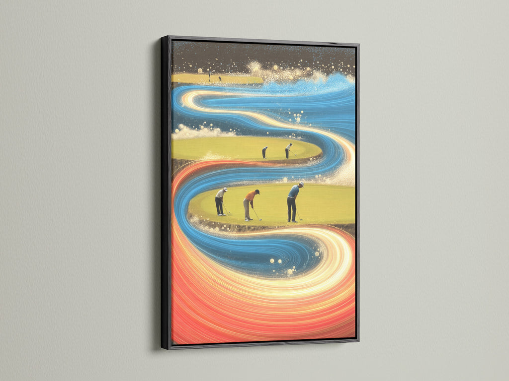 Add a sophisticated touch with this golf themed artwork in a black frame. This sports wall decor is a must-have for golf enthusiasts. The abstract sports art is perfect for your sports room. See the golfer artwork today.