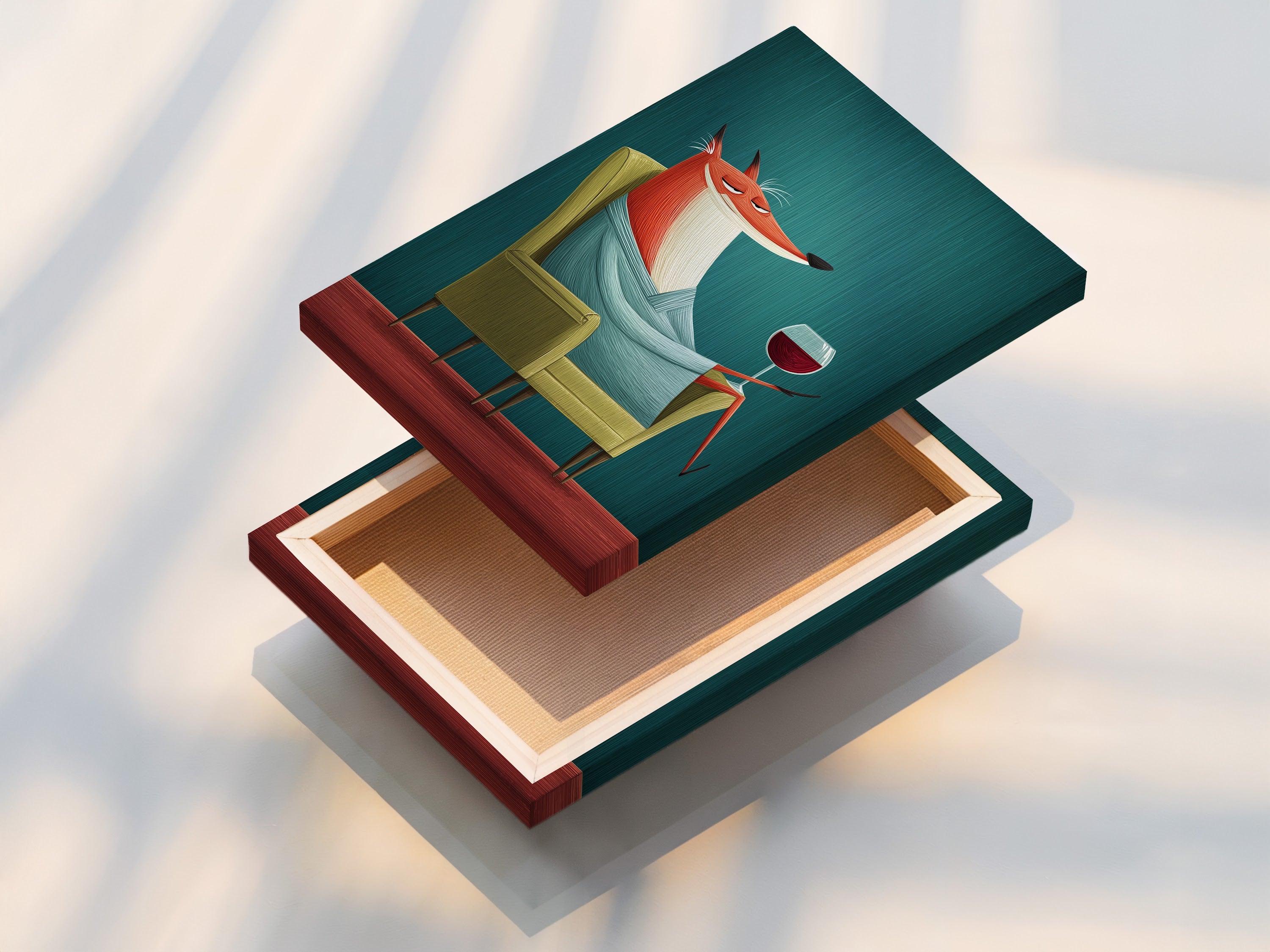 A stretched canvas print showcases fox art. The colors and details pop. This ready-to-hang piece is easy to display. It brings mid-century modern charm to your walls. It's a great wine lover gift.