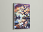 This image shows a Japanese Tree Canvas Print in a white frame. The artwork is perfect for meditation room decor. The zen water reflection and Asian landscape offer tranquility. It's ideal for wellness centers. This nature canvas art enhances any space.