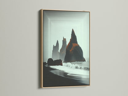 Iceland Black Sand Beach canvas print in an oak frame. This minimalist nature art complements coastal themed spaces. The ocean view artwork adds natural beauty to living rooms bedrooms or office wall art.