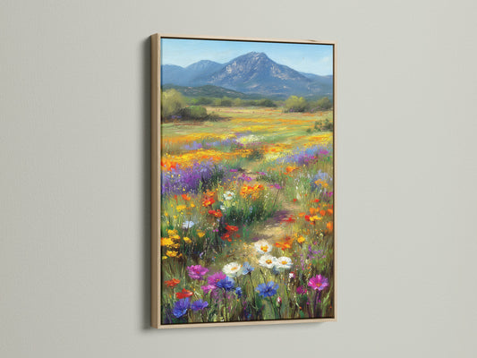 A stunning wildflower meadow canvas art print. This botanical artwork is showcased in a natural oak frame. The mountain landscape wall art is perfect for any living space. Enjoy the colorful botanical artwork.