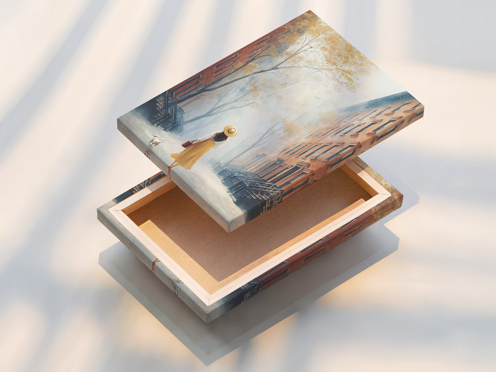 This is a stretched canvas print of the City Street artwork. The artwork features a woman and her dog walking down a cityscape street. The stretched canvas print is ready to hang. It brings an artistic touch to any room. Great for a dog lover gift.