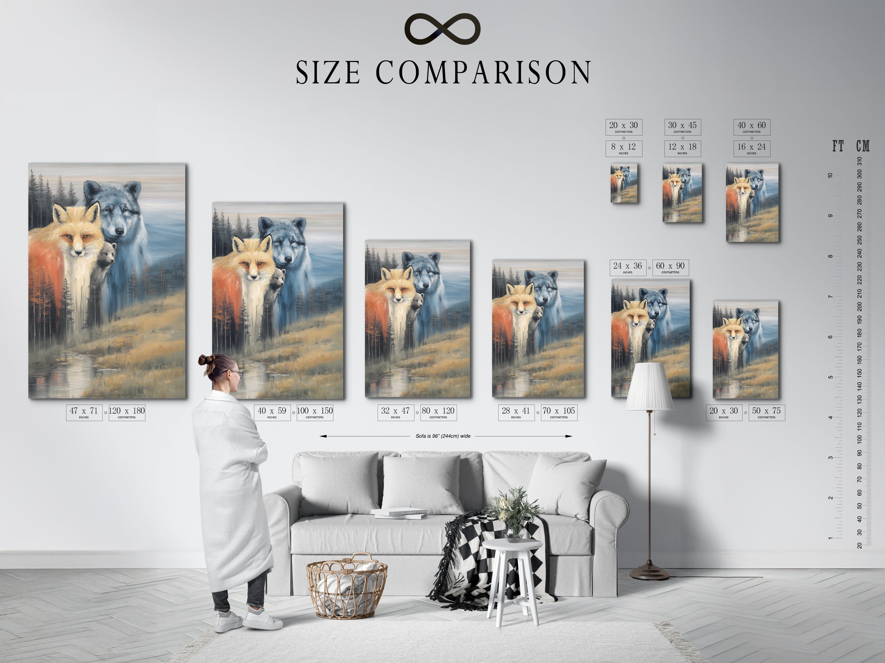 Size comparison chart in an interior setting displaying wildlife family artwork. See how our fox wolf and bear prints fit in your home. Perfect for living room bedroom or office.