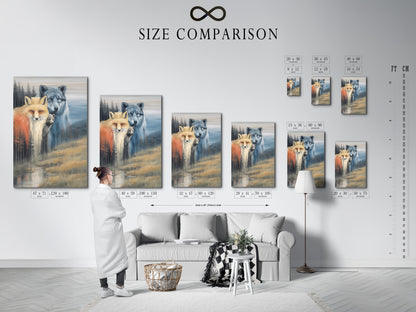 Size comparison chart in an interior setting displaying wildlife family artwork. See how our fox wolf and bear prints fit in your home. Perfect for living room bedroom or office.