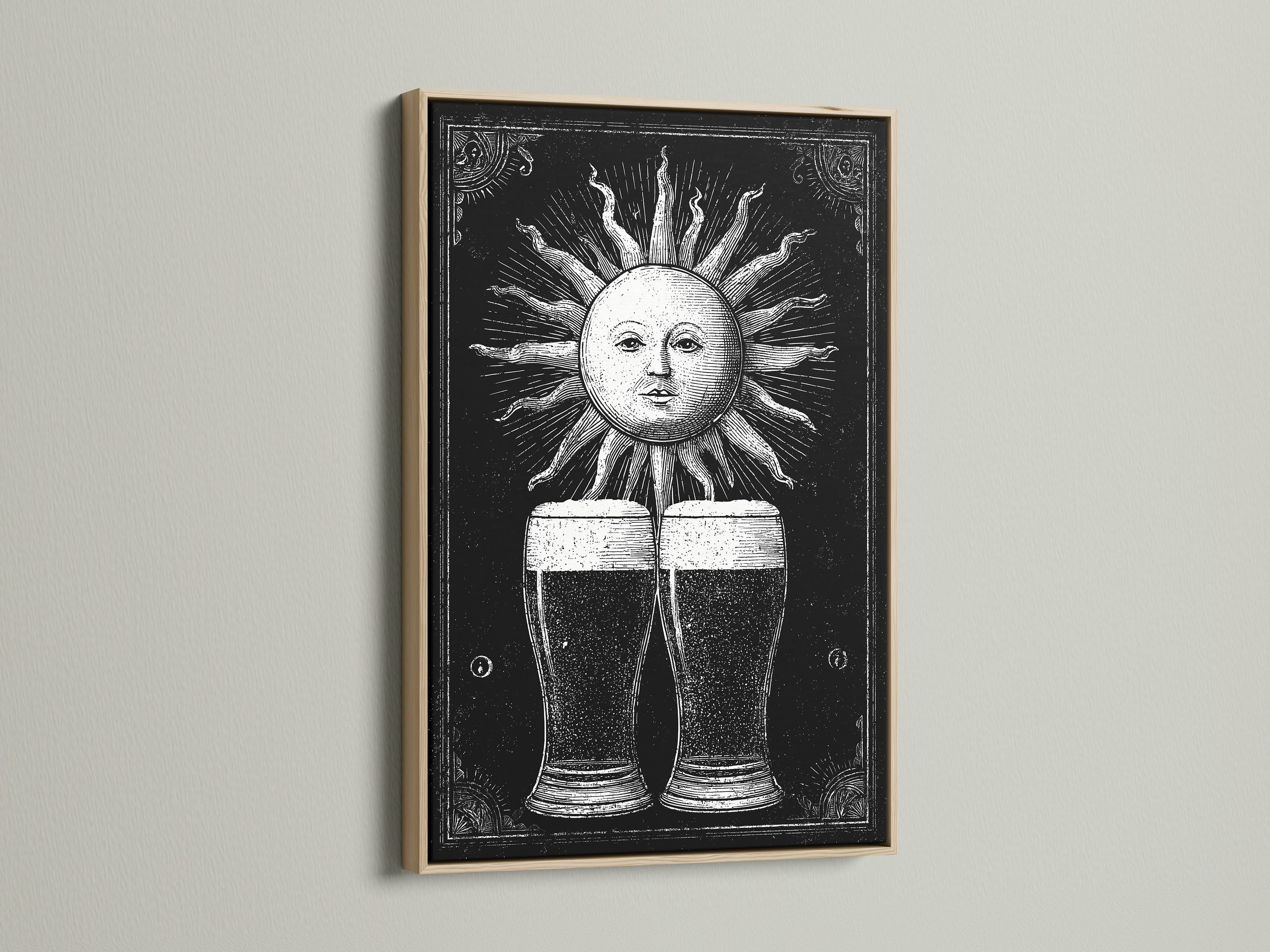 This oak frame displays a vintage sun and beer artwork. The natural wood grain complements the black and white art. This framed art piece adds warmth to any interior. It is a stylish choice for living rooms or studies. The oak frame enhances the artwork's vintage charm.
