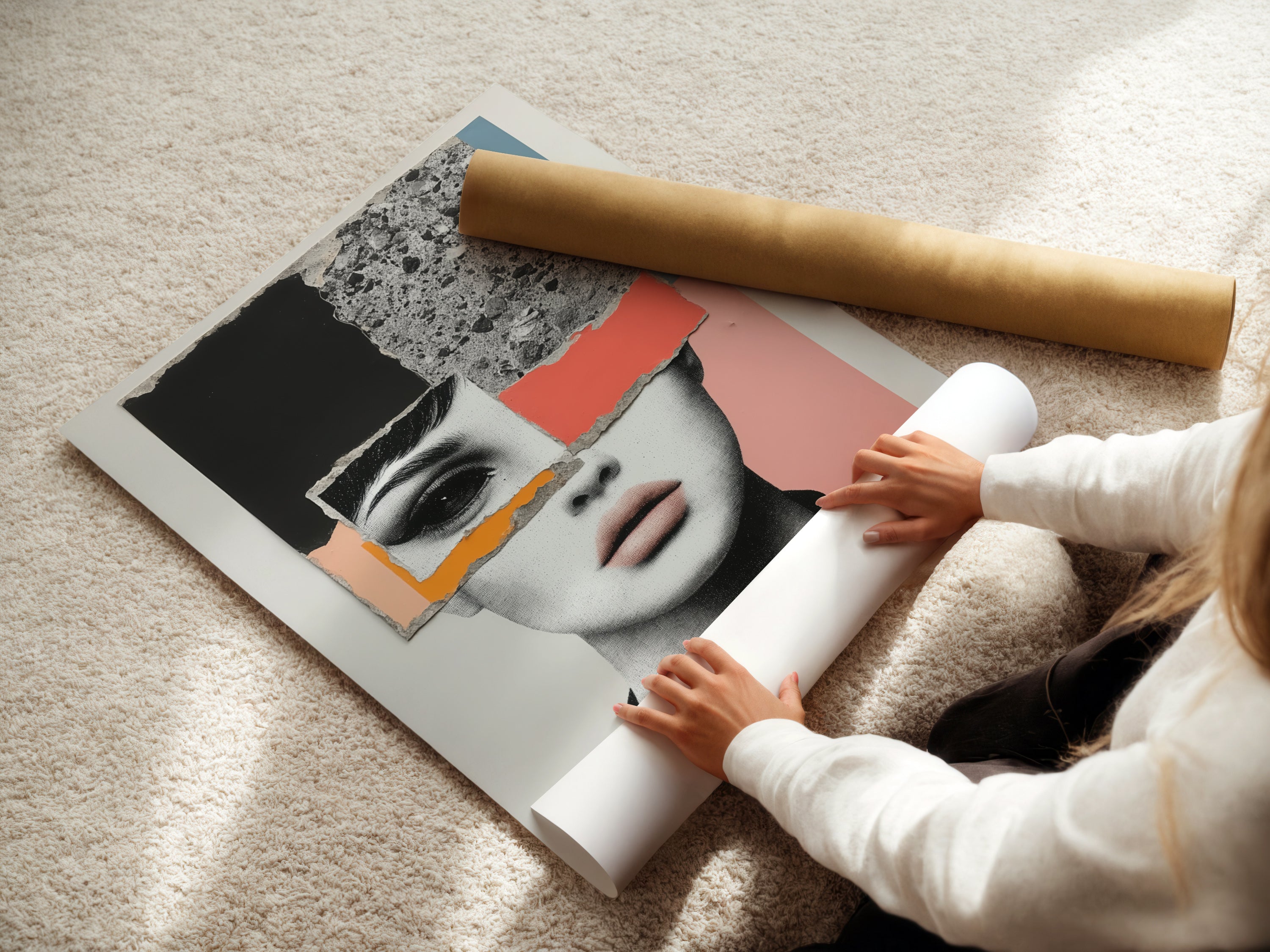 A woman carefully rolling a fine art poster paper. This showcases the quality of the material. The abstract face art is ready for framing. It is perfect for modern collage wall art projects. Ideal for contemporary bedroom decor.