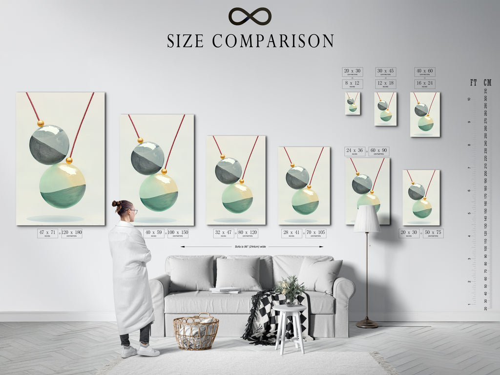 A size comparison chart displayed in an interior setting featuring Geometric Spheres artwork. This modern wall art is perfect for any room. The teal and gold accents add a touch of elegance. Ideal for minimalist and Scandinavian styles. Find the perfect fit today.