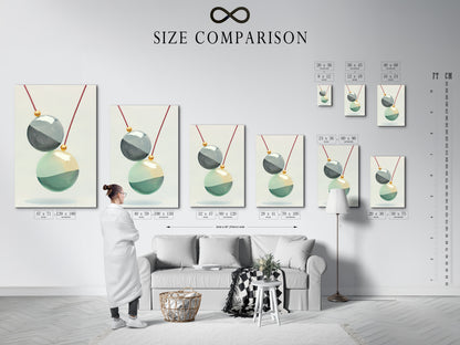 A size comparison chart displayed in an interior setting featuring Geometric Spheres artwork. This modern wall art is perfect for any room. The teal and gold accents add a touch of elegance. Ideal for minimalist and Scandinavian styles. Find the perfect fit today.