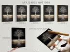 Available options for the Tree of Life art. Choose from a stretched canvas print fine art poster paper or floating frame. Each option offers a unique aesthetic. Find the perfect fit for your modern home decor. A black and gold art.