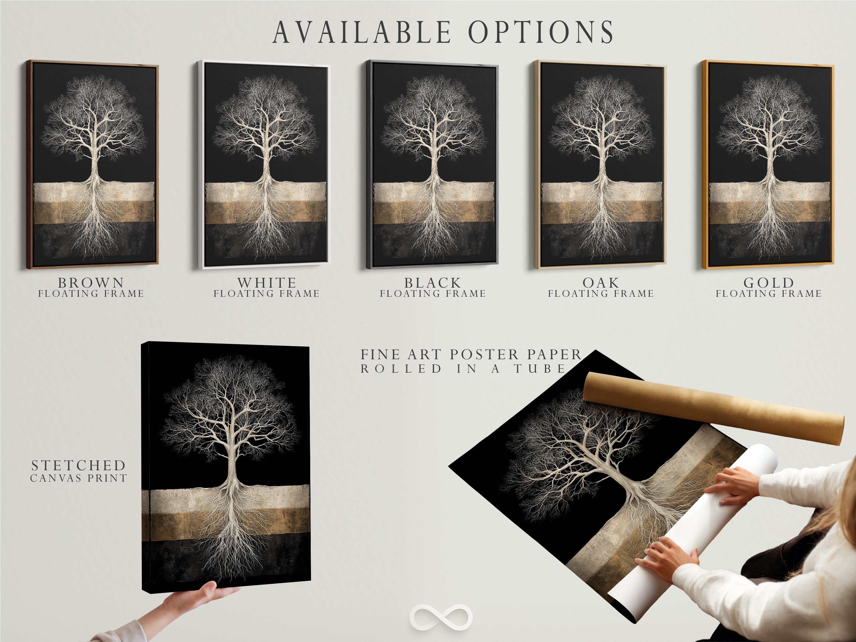 Available options for the Tree of Life art. Choose from a stretched canvas print fine art poster paper or floating frame. Each option offers a unique aesthetic. Find the perfect fit for your modern home decor. A black and gold art.