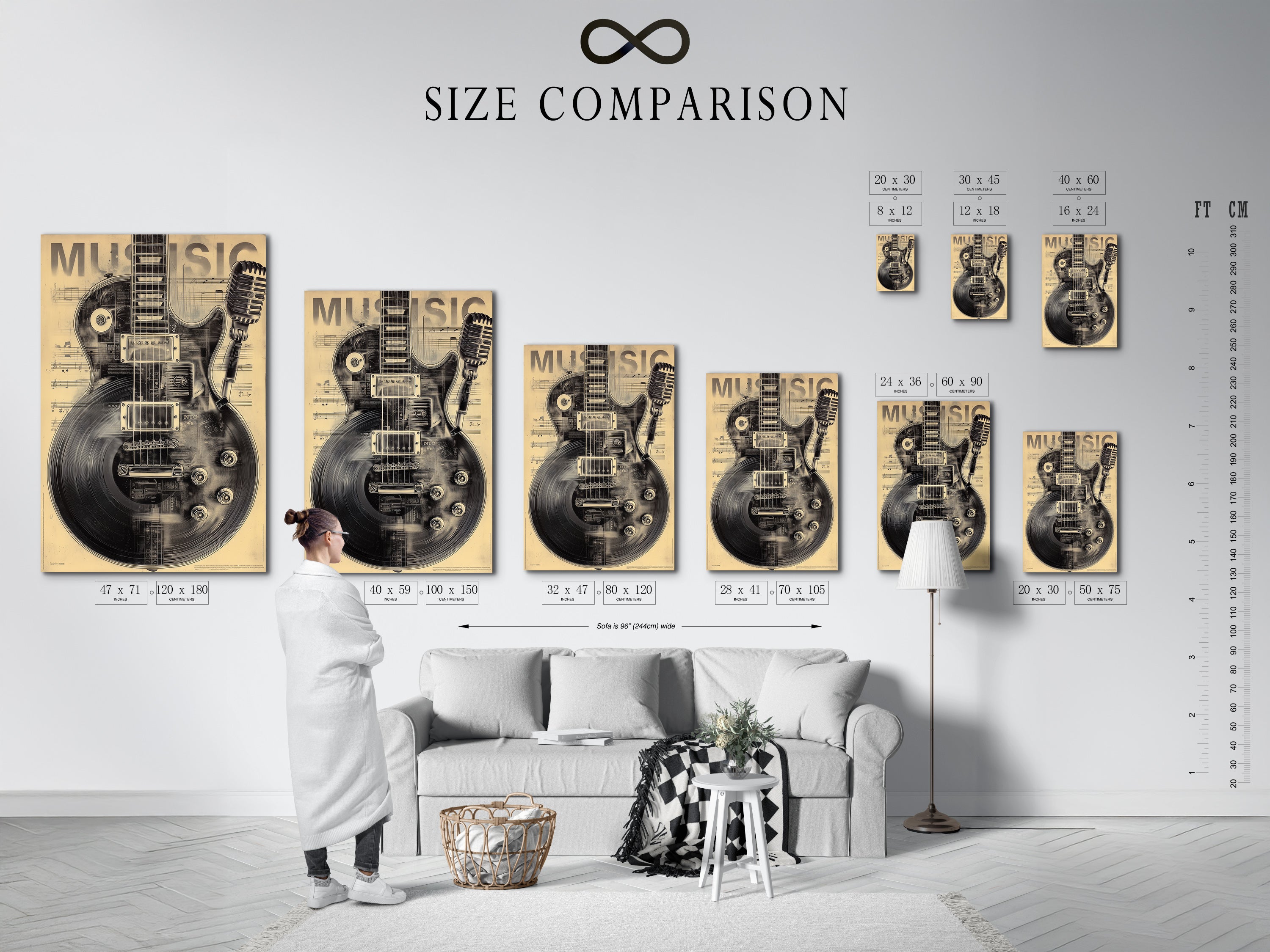 Size comparison chart displayed in an interior setting. The chart features vintage guitar music artwork. See how this musical instrument poster fits in your space. It is perfect for music rooms and studios. Plan your decor.