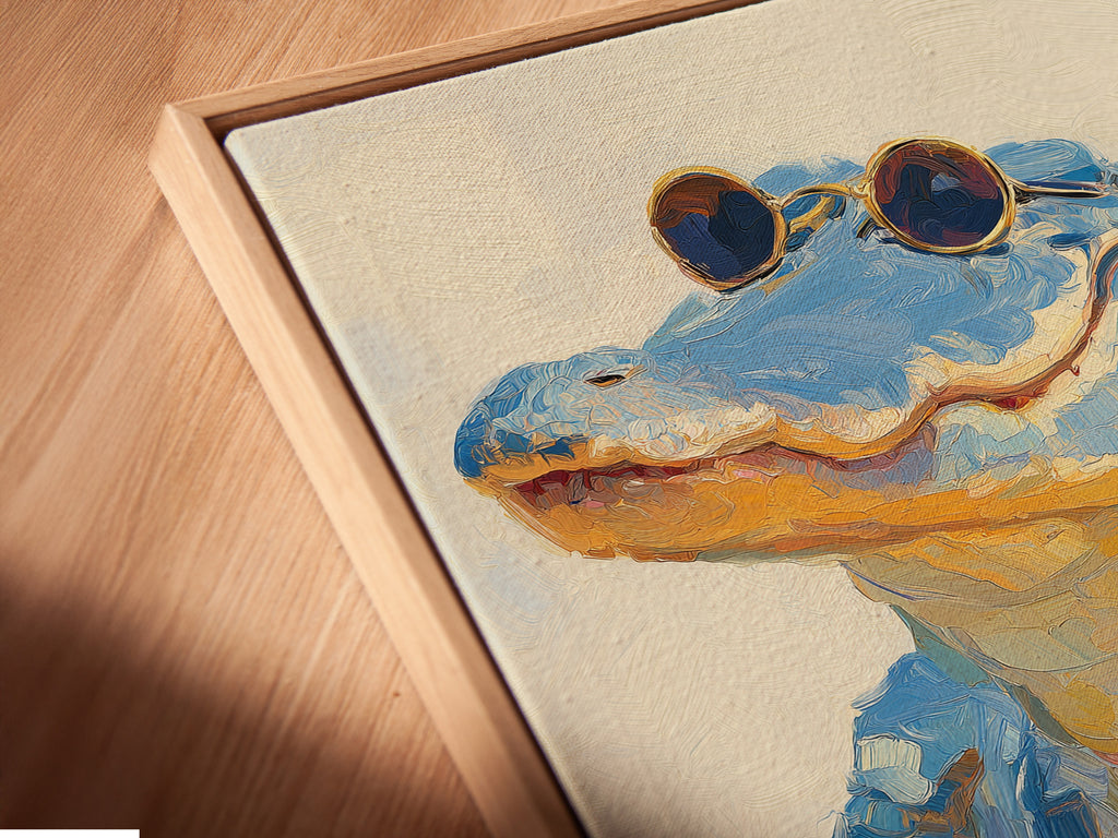 Angled close up of a cool alligator canvas print in a floating frame. This whimsical animal wall art is a quirky wildlife poster. The floating frame adds a modern touch to the artwork.