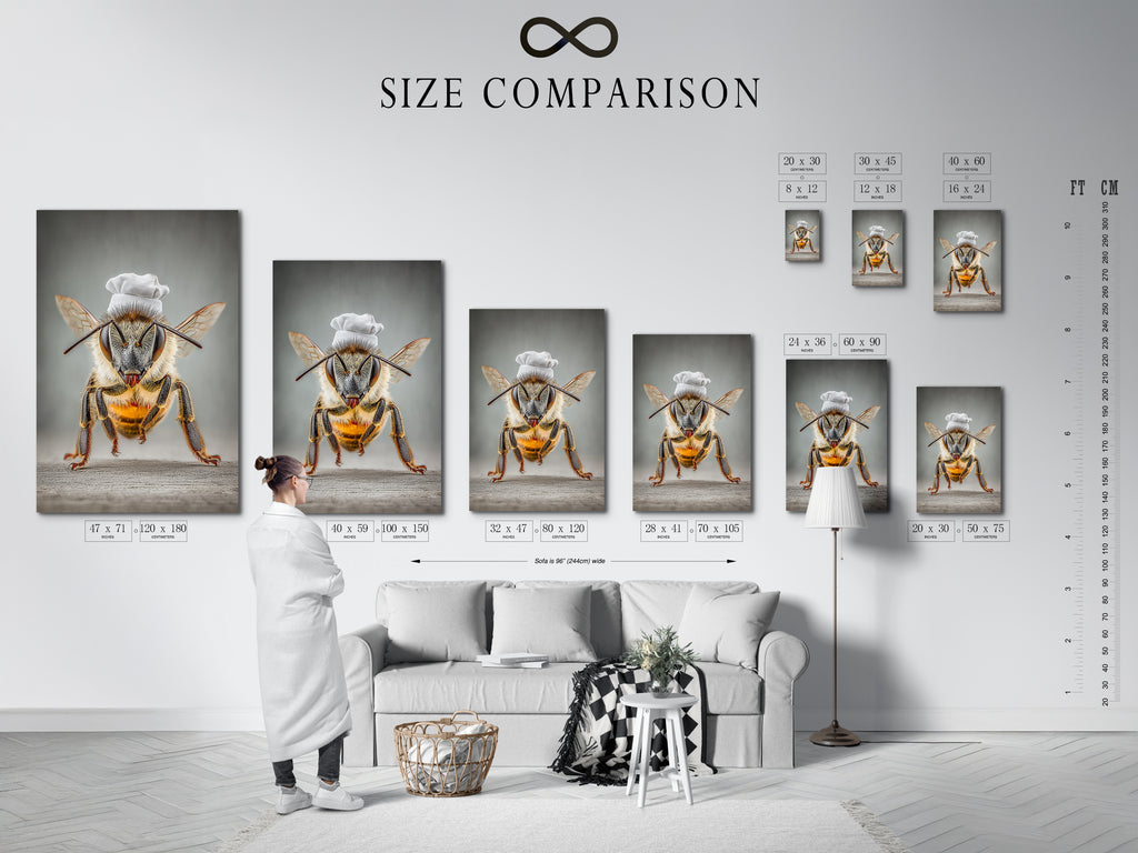Size comparison chart featuring Chef Bee artwork in an interior. This helps visualize the art in different spaces. It's quirky kitchen wall art for any home. See how this whimsical bee print fits your dining room or restaurant.