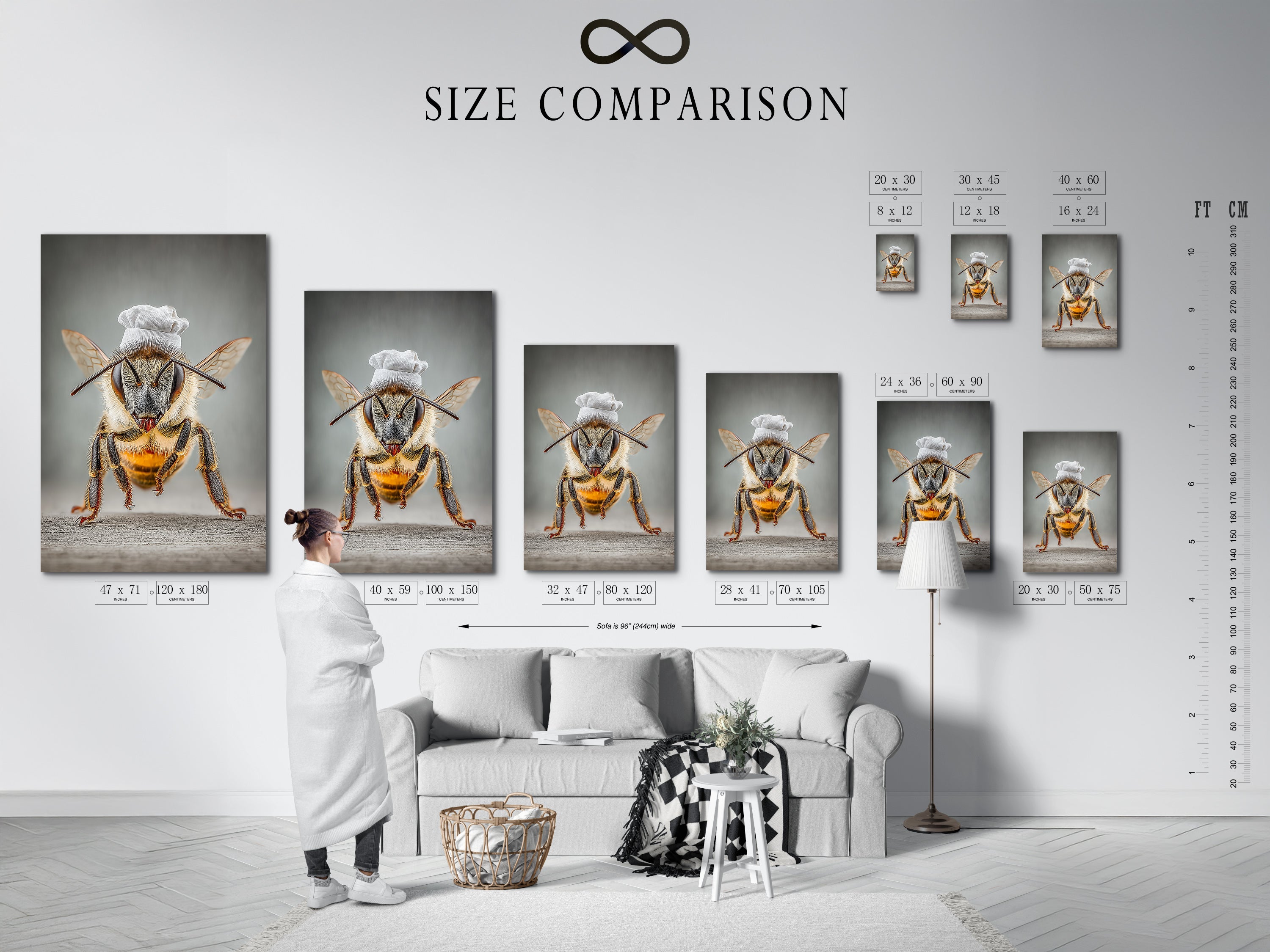 Size comparison chart featuring Chef Bee artwork in an interior. This helps visualize the art in different spaces. It's quirky kitchen wall art for any home. See how this whimsical bee print fits your dining room or restaurant.