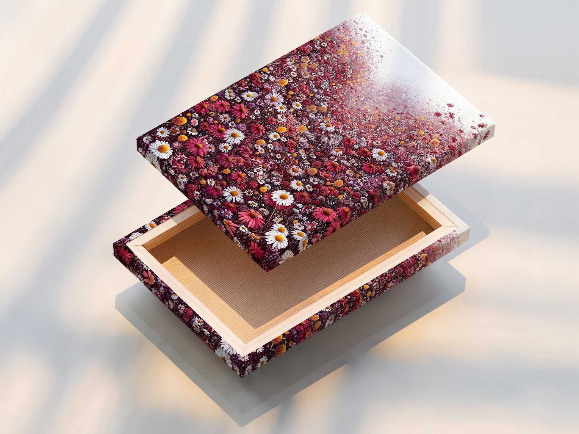 This stretched canvas print showcases a vibrant floral meadow. The artwork features a field of red and white wildflowers. This ready-to-hang botanical artwork brings nature indoors. Perfect for adding a touch of spring to your home or office decor.