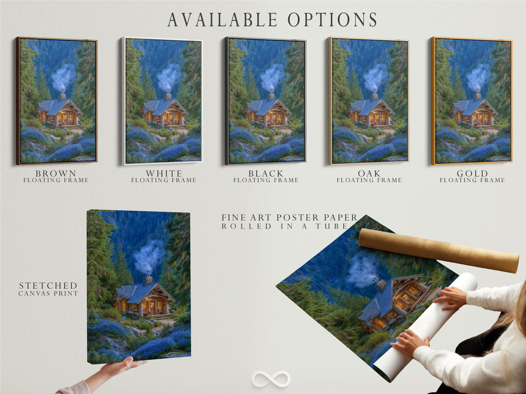 Available options are showcased including a stretched canvas print fine art poster paper and a floating frame. The artwork features a cozy mountain lodge nestled among pine trees. Choose the perfect format to complement your rustic home decor style.