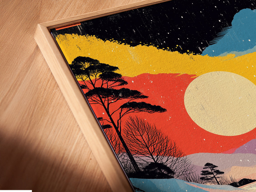Angled close up of a Winter Sunset Canvas Print in a floating frame. The artwork features a colorful lake landscape. Snowy forest artwork enhances visual appeal. A perfect addition to upscale interiors.