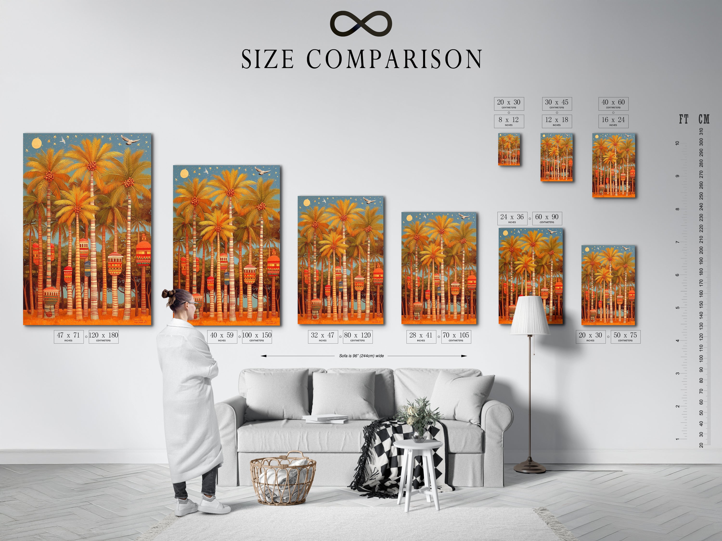 A size comparison chart in an interior setting. Showcasing various sizes of the Palm Trees canvas print. Find the perfect fit for your space. Enhance your coastal decor today.