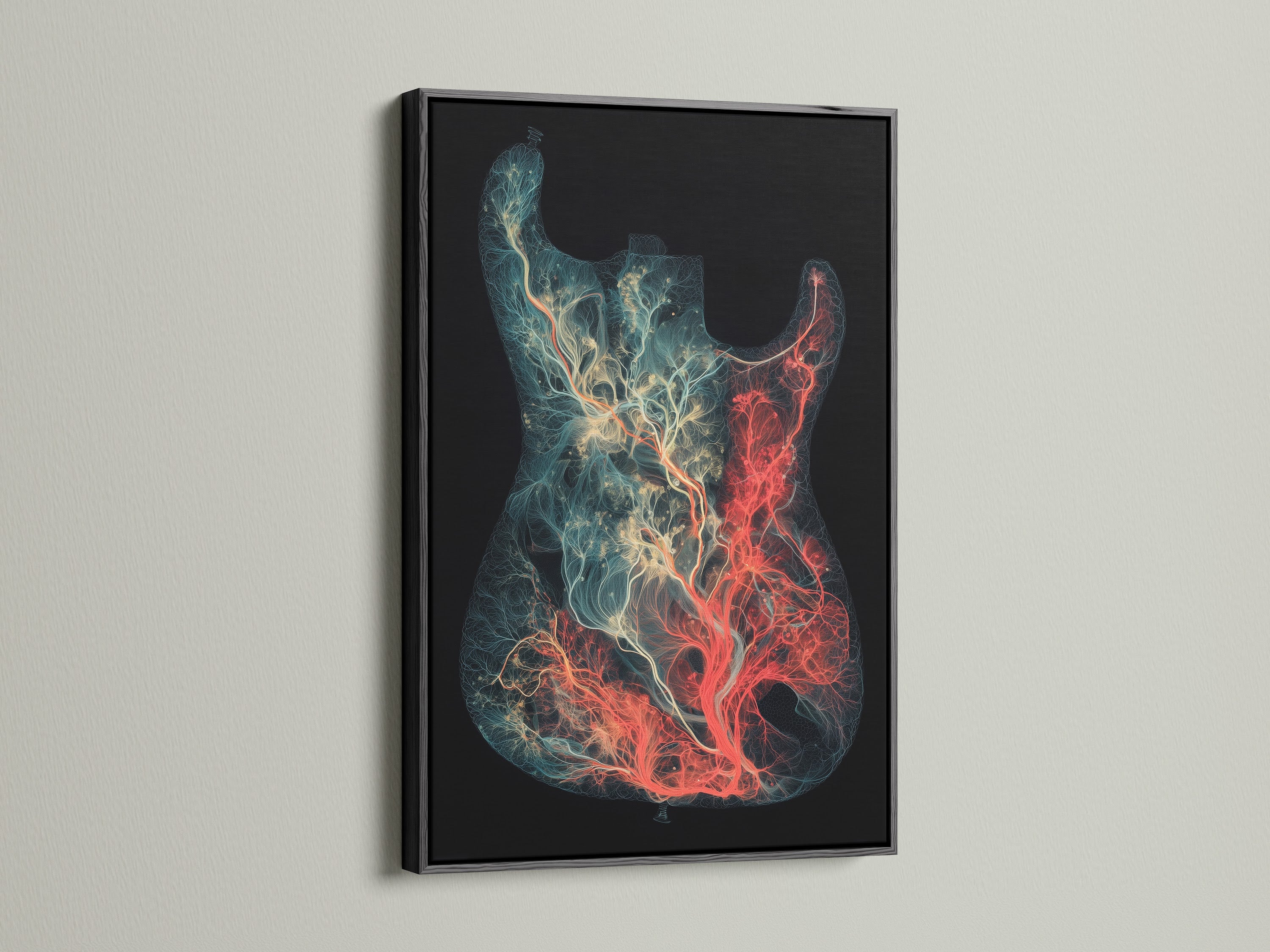Artwork in a sleek black frame. The art showcases a guitar with tree-like illustrations. The black frame provides a bold contrast. It makes the artwork stand out even more. This piece is perfect for a modern minimalist space. It adds a touch of musical creativity. The black frame emphasizes the art's unique details.
