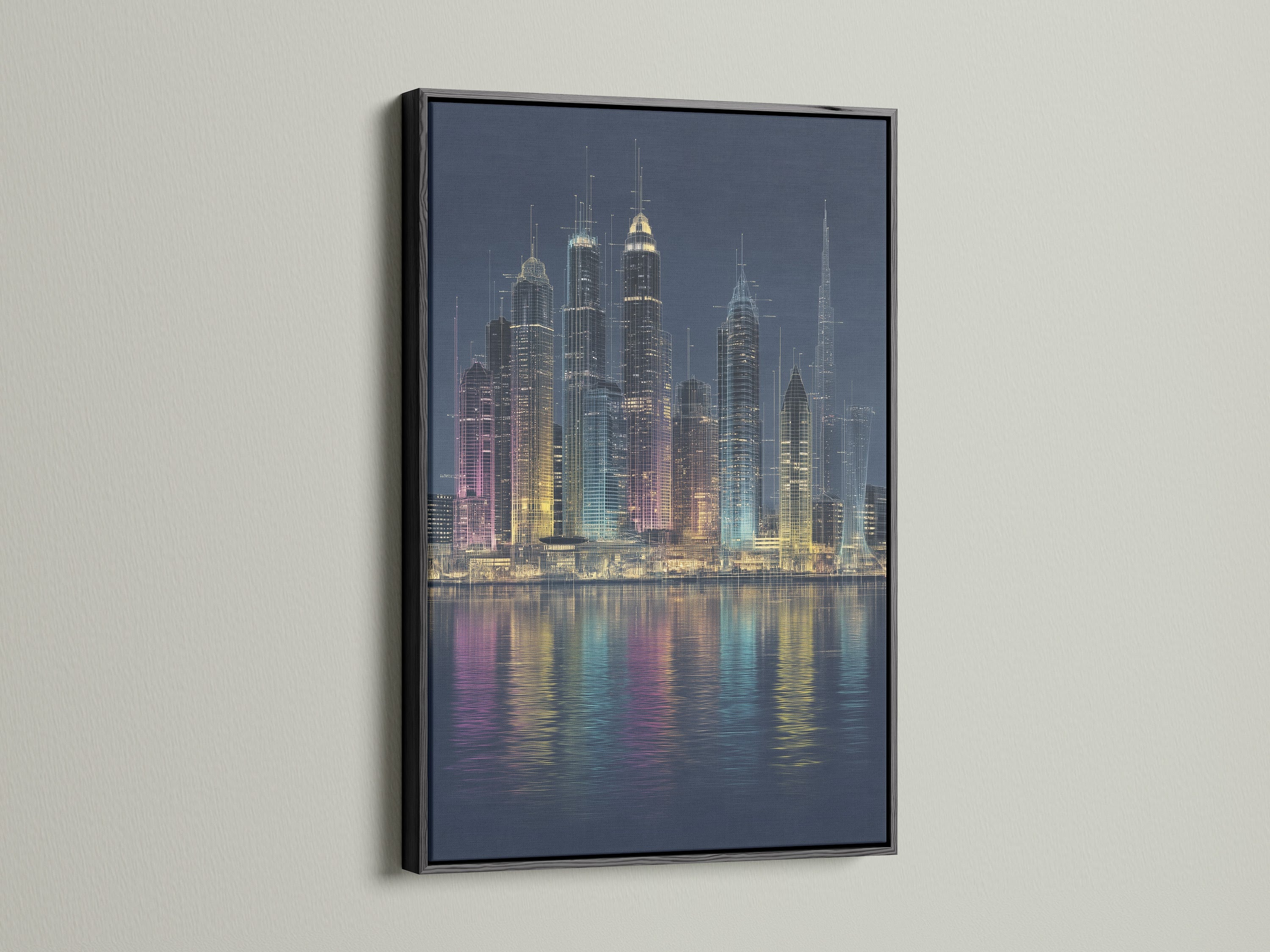 A modern city skyline art piece with a black frame. The cityscape reflection creates a dramatic urban scene. The black frame adds a touch of sophistication. Ideal for modern office wall decor or living room art. This skyline canvas print brings metropolitan flair to any room. Enhance your space with this striking artwork.