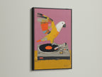 Parrot DJ canvas print in a sleek black frame. This modern artwork combines a parrot with a vintage turntable. A stylish choice for contemporary spaces. Ideal for art collectors and music lovers.