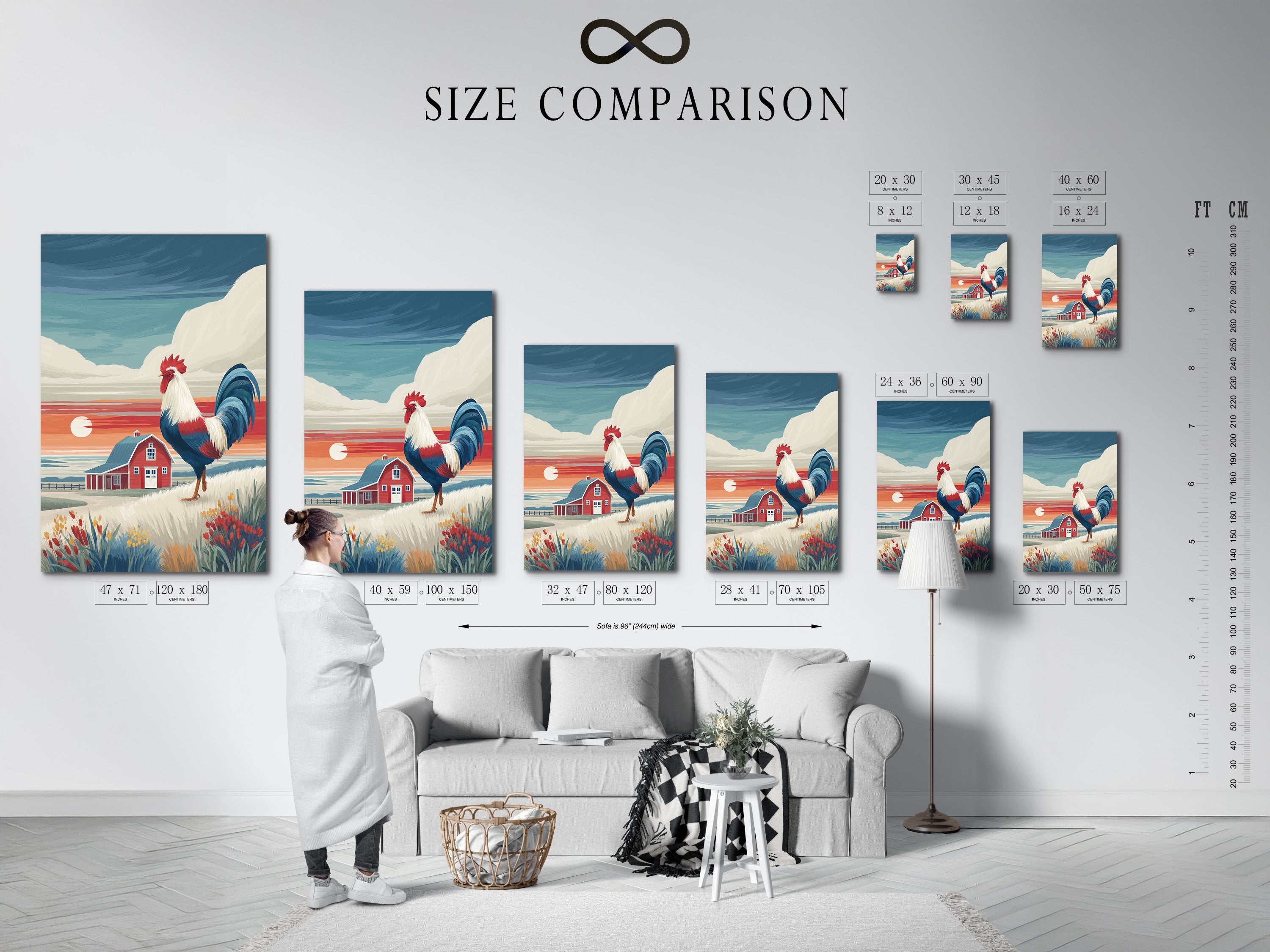 Size comparison chart in an interior setting. See how our rooster canvas print fits your space. Farmhouse wall art for any room. Visualize the perfect size for your country kitchen or dining room. Choose the right dimensions.