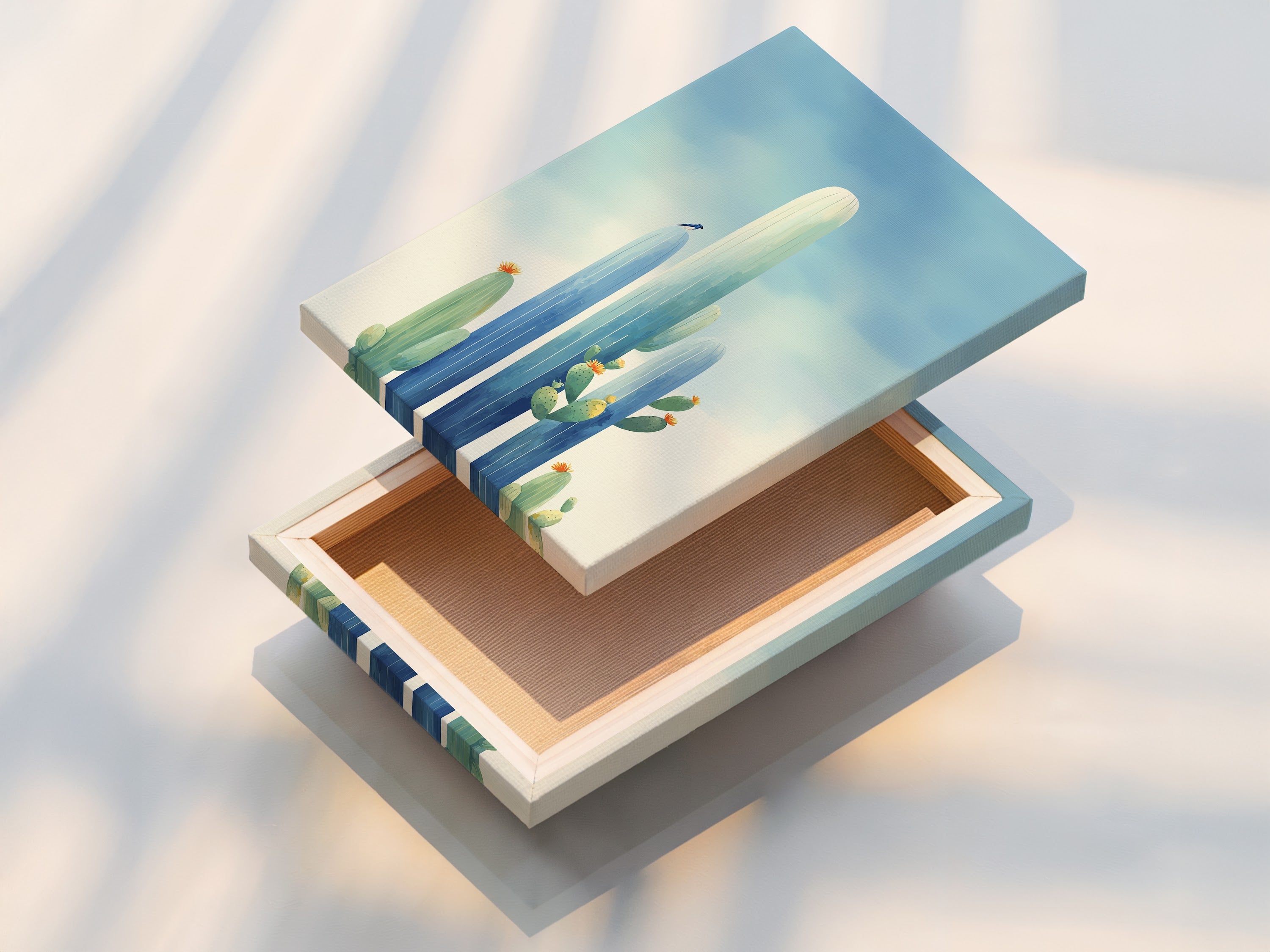 A stretched canvas print is ready to hang. The artwork wraps around the frame for a gallery-worthy look. This is a durable and stylish way to showcase your cactus artwork or desert canvas art. Enhance your home wall decor with this option.