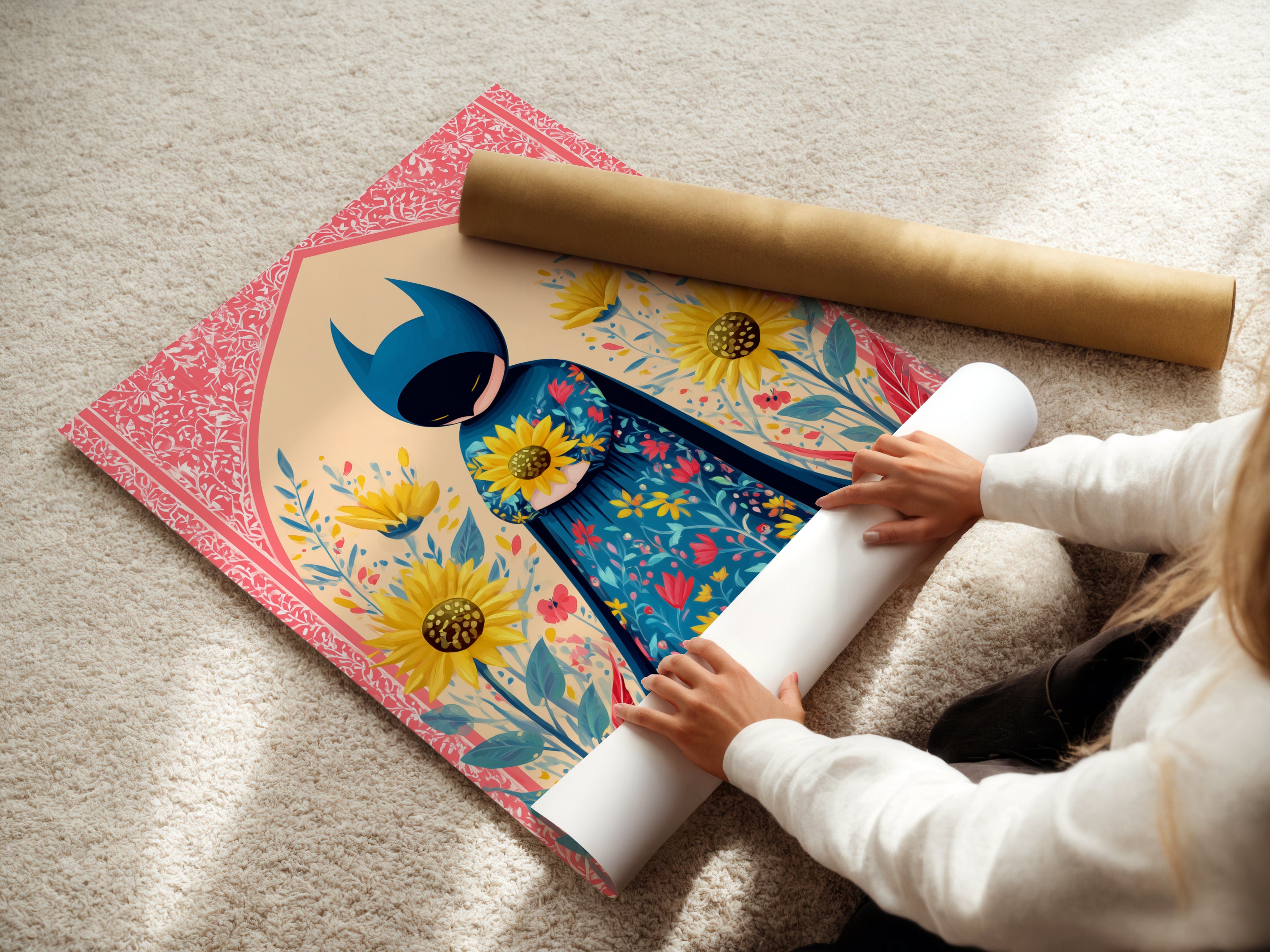A woman is carefully rolling a fine art poster paper. The artwork is superhero-themed. This ensures safe handling of the floral folk art wall hanging. The poster is ready for framing or display. The artwork includes sunflowers and a hero canvas. It is a unique and colorful piece.