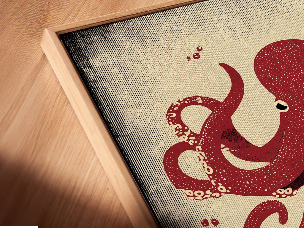 Close-up angled view of a canvas print featuring the red octopus in a floating frame. This modern framing style enhances the artwork. Ideal for those seeking unique sea creature art. Elevate your space with art.