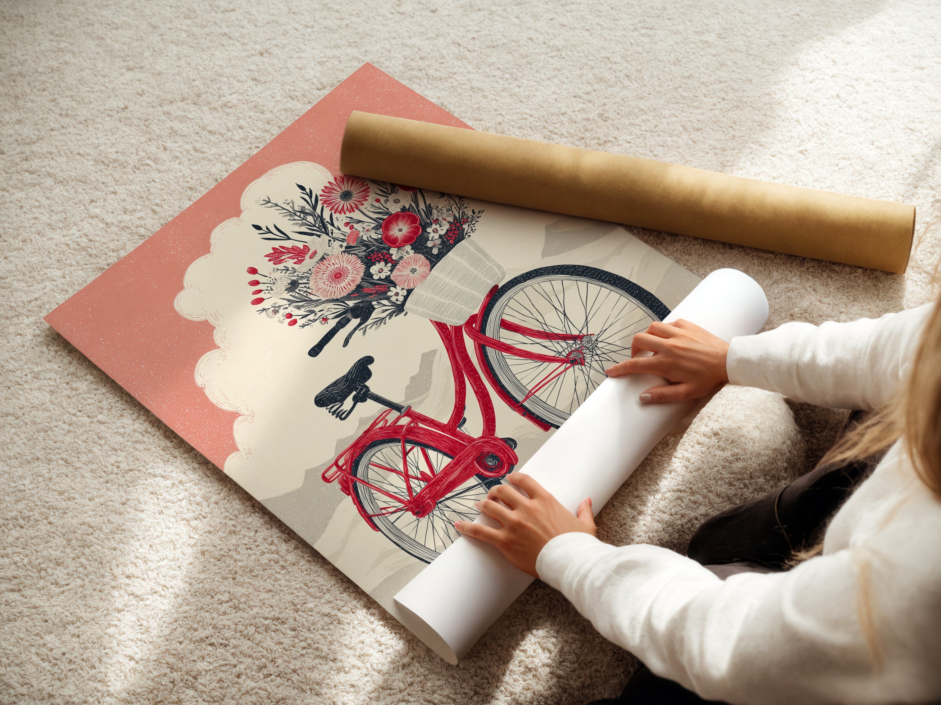 A woman carefully rolling a fine art poster paper. The artwork features a vintage bicycle and coral pink florals. This botanical print is perfect for adding a whimsical touch to your walls. Ideal for home decor enthusiasts and art collectors alike.