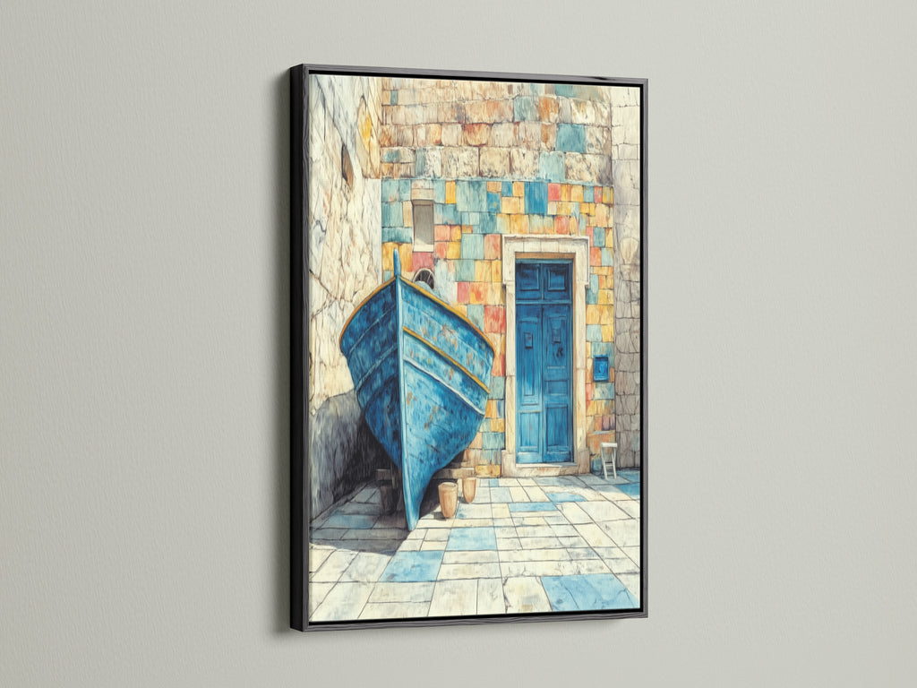 The black frame enhances the Coastal Boat Canvas Print. The Mediterranean art piece features a turquoise blue boat. Nautical decor complements any interior. It is an ideal choice for entryway art or summer house art.