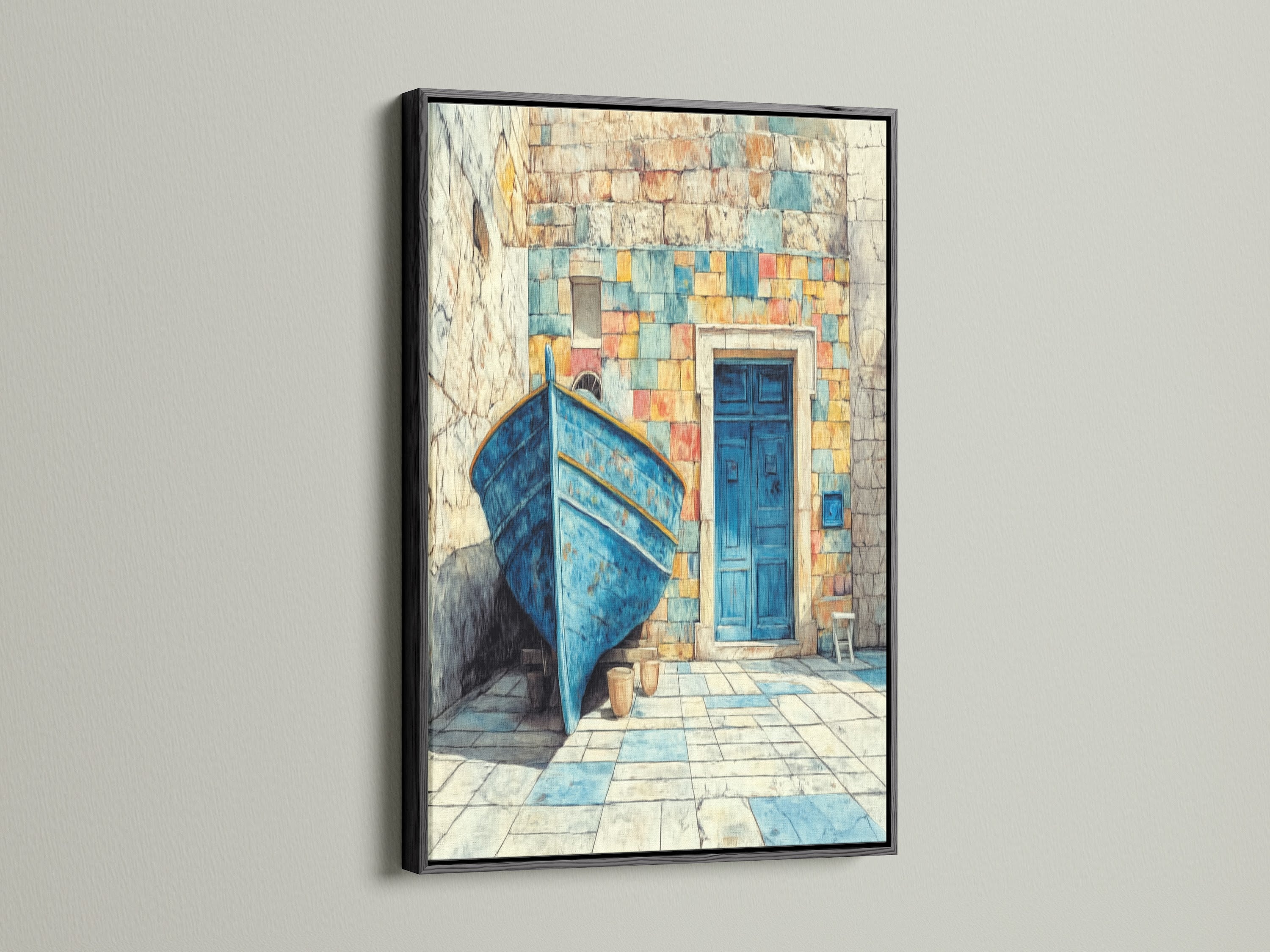 The black frame enhances the Coastal Boat Canvas Print. The Mediterranean art piece features a turquoise blue boat. Nautical decor complements any interior. It is an ideal choice for entryway art or summer house art.