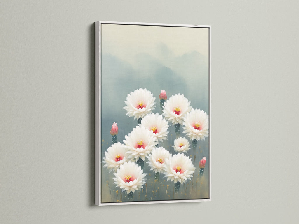 Cactus Flower canvas print in a white frame. This floral botanical artwork is perfect for modern home decor. The desert bloom art brings a southwest style to your walls. A great gift for plant lovers. The neutral tones and floral artwork will elevate any space.