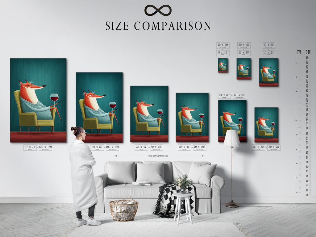 A size comparison chart is displayed in an interior setting. This helps you visualize fox art in various dimensions. Find the perfect fit for your space. Choose from fine art poster paper or stretched canvas print.