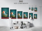 A size comparison chart is displayed in an interior setting. This helps you visualize fox art in various dimensions. Find the perfect fit for your space. Choose from fine art poster paper or stretched canvas print.