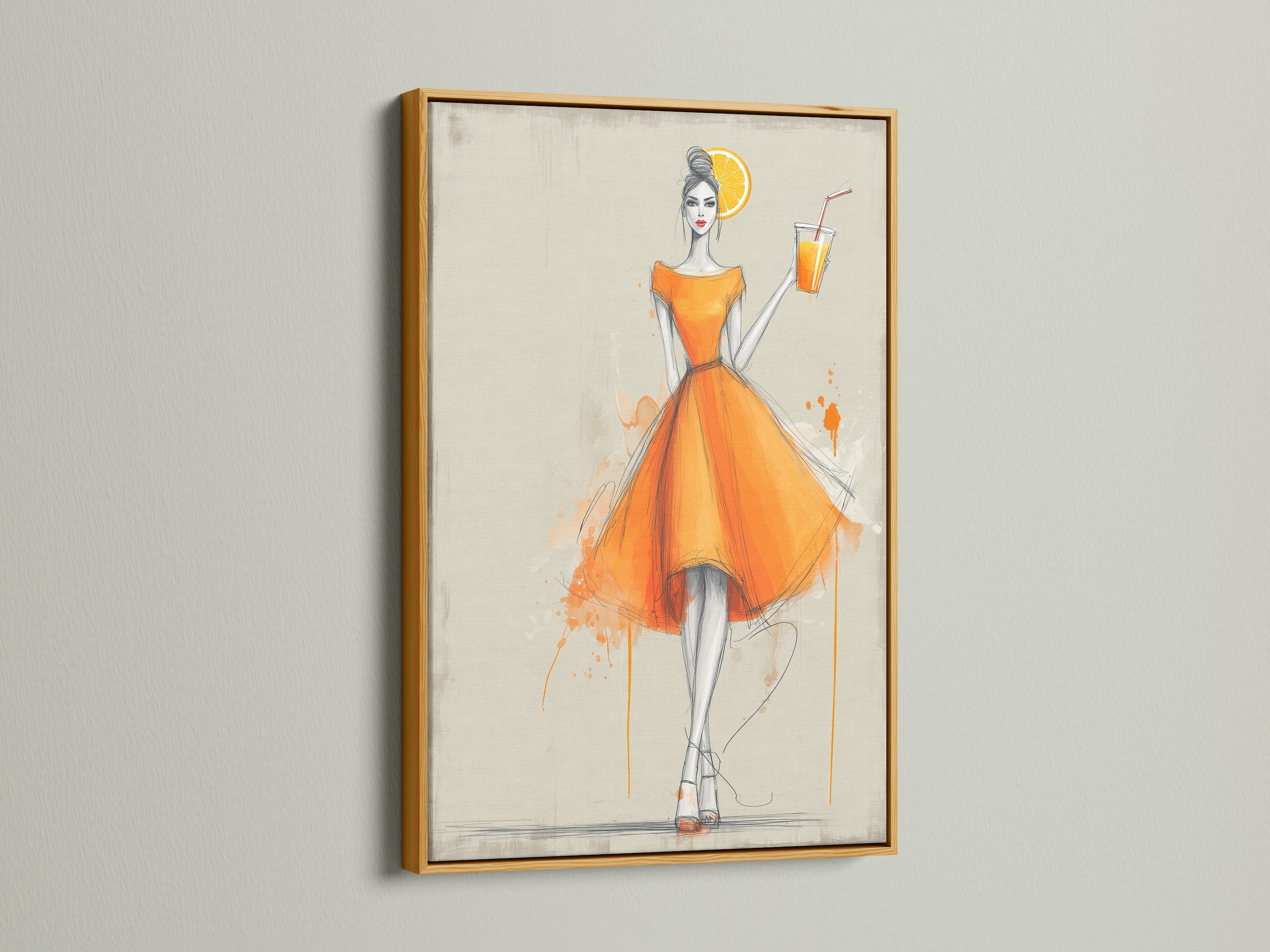Fashion wall art in a gold frame. The artwork features a fashionable woman in an orange dress. The stylish art print is perfect for modern decor. It's a beautiful and thoughtful gift for her.