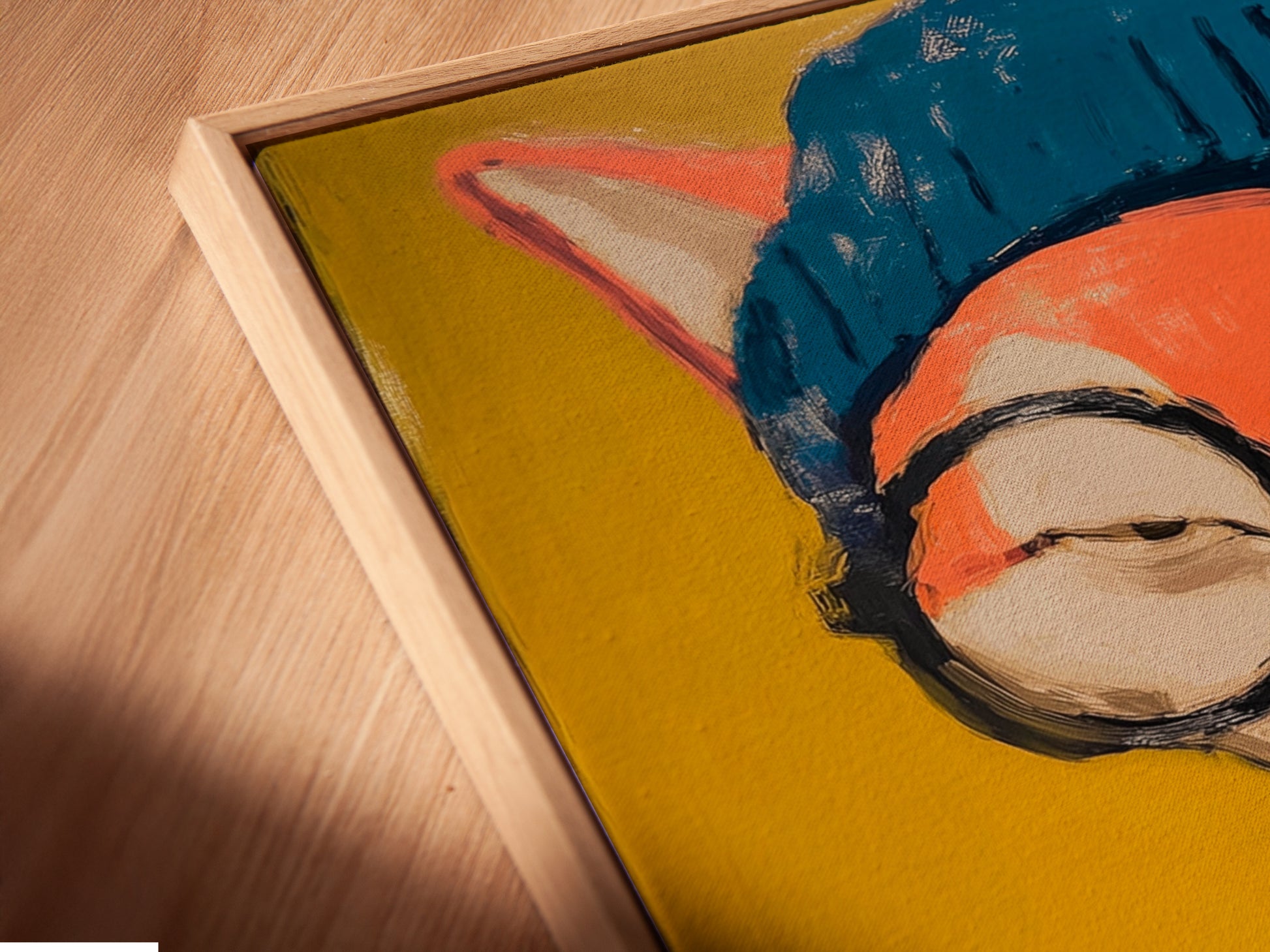 Angled close up reveals the texture of a canvas print in a floating frame. The hipster fox artwork comes alive with depth and dimension. The floating frame enhances the modern look of the piece. Perfect for contemporary homes and office spaces.