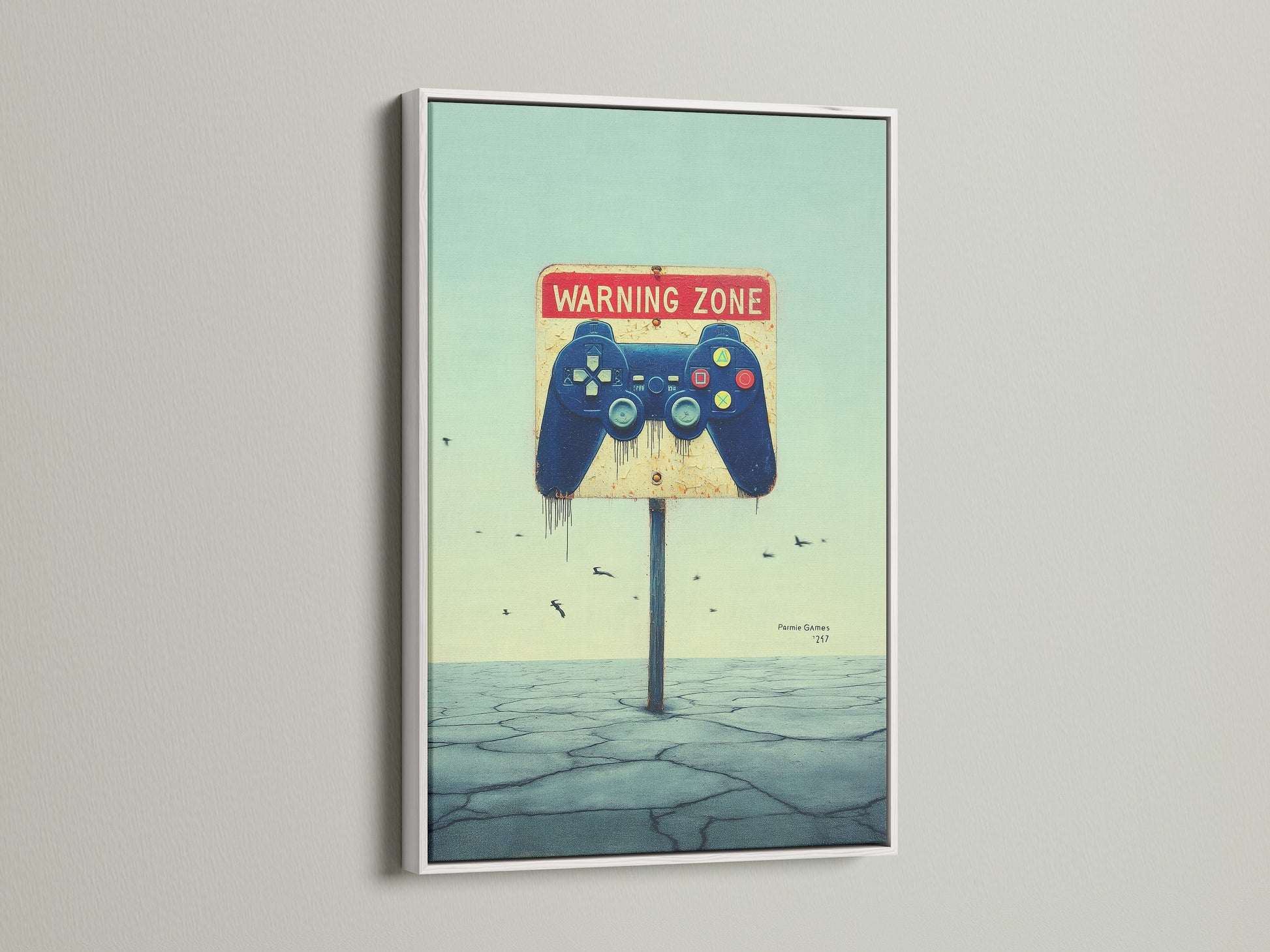 Gaming Zone Canvas Print with a white frame. The blue gray art makes unique wall art. This novelty art is perfect for game zone decor. The gamer canvas enhances any space. The artwork is modern and eye-catching.