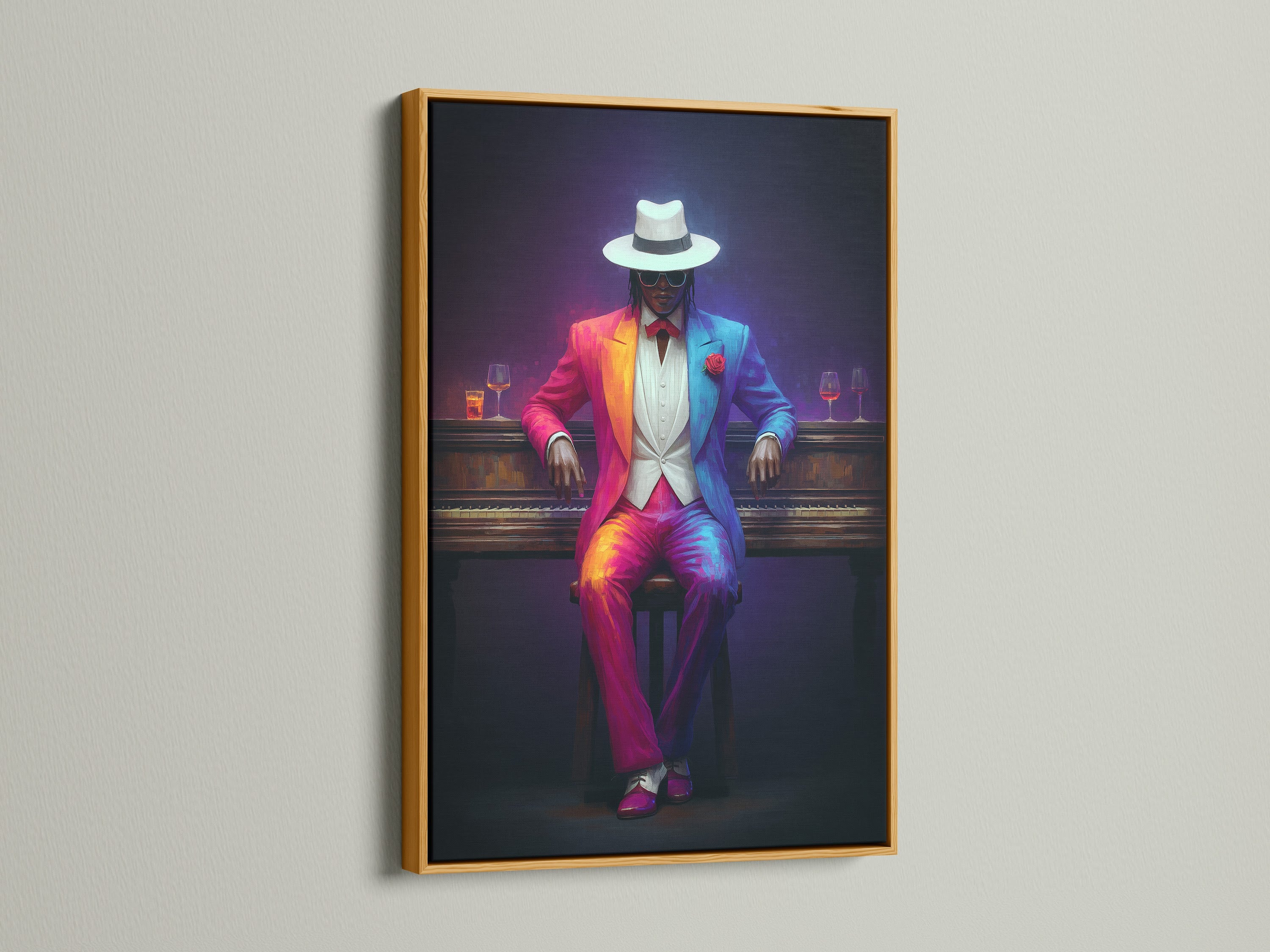 Neon Suit Portrait artwork in a gold frame. This contemporary artwork is perfect for adding color. This gentleman art is ideal for modern eclectic or Art Deco styles. The retro futuristic design suits music studios or lounges. The neon aesthetic adds a stylish touch.
