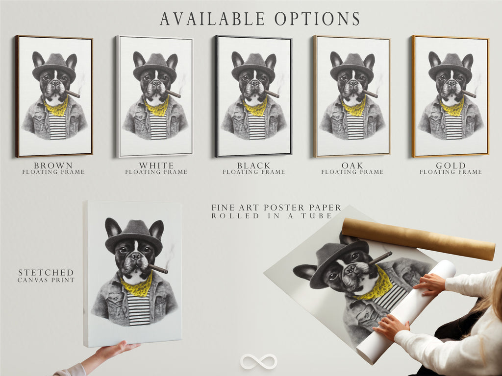 Explore available options for the French Bulldog artwork. Choose from a stretched canvas print fine art poster paper or a floating frame. Customize your dog portrait print to match your style. Enhance your office wall decor today with vintage animal art.