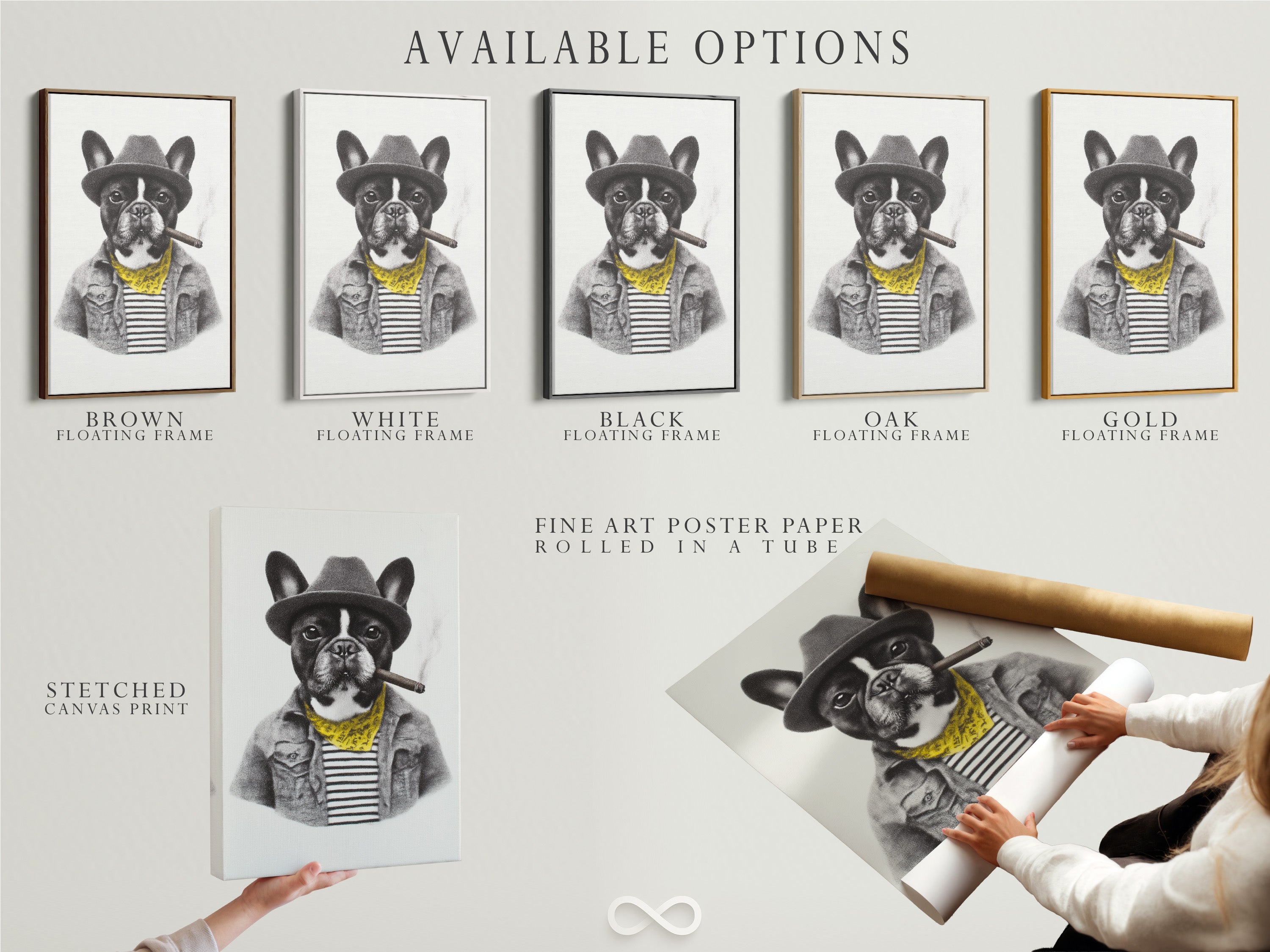 Explore available options for the French Bulldog artwork. Choose from a stretched canvas print fine art poster paper or a floating frame. Customize your dog portrait print to match your style. Enhance your office wall decor today with vintage animal art.