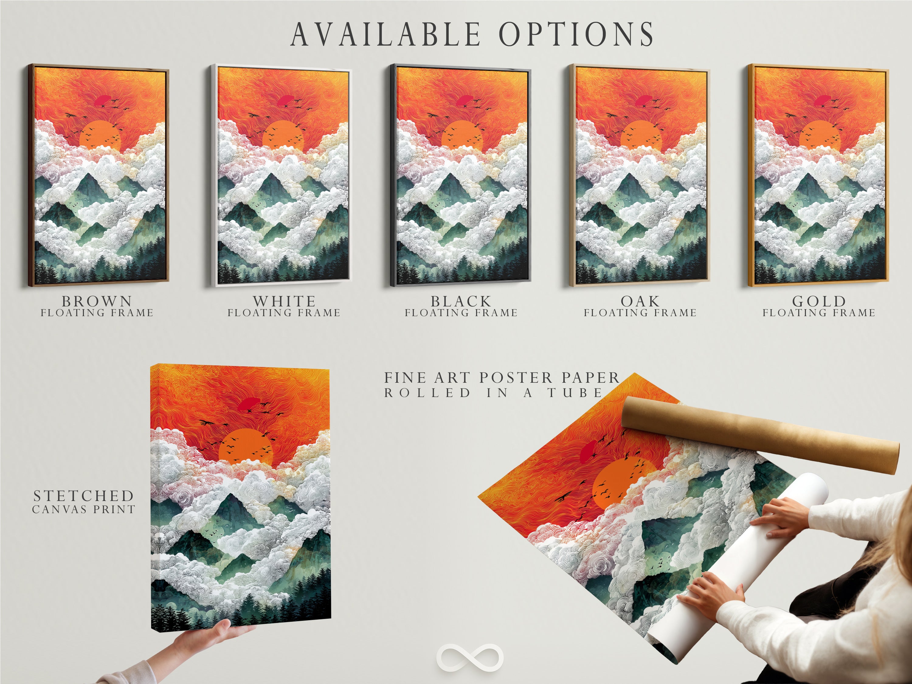 Available options for the Sunrise Mountain artwork including stretched canvas print fine art poster paper and floating frame. The abstract landscape art enhances any space. The bohemian decor style complements any room. The mountain art captures a serene sunrise print. The forest wall art brings nature indoors. Select your preferred option.