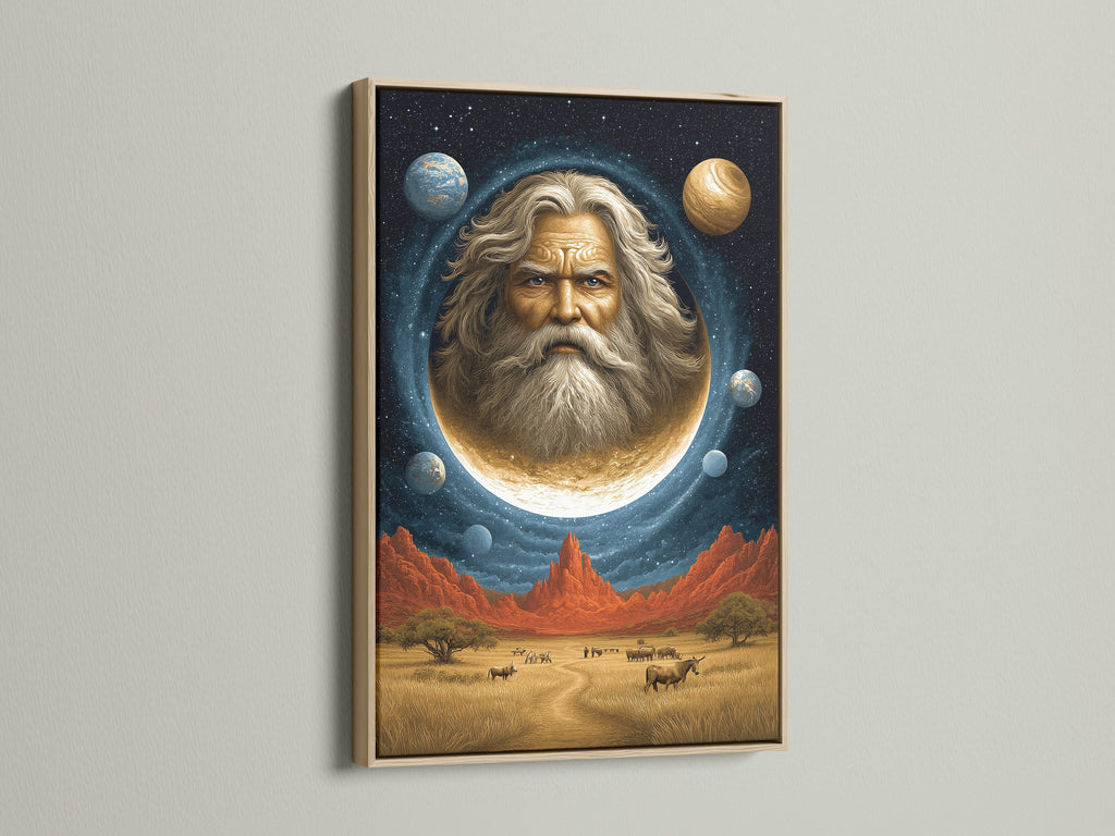 This surreal space canvas print features a celestial man on the moon. The artwork blends Southwestern style. Beige and blue hues complement any space. Shown here with an oak frame. It's perfect for adding cosmic wonder to Living Rooms Offices Meditation Rooms studios lobbies and wellness centers.