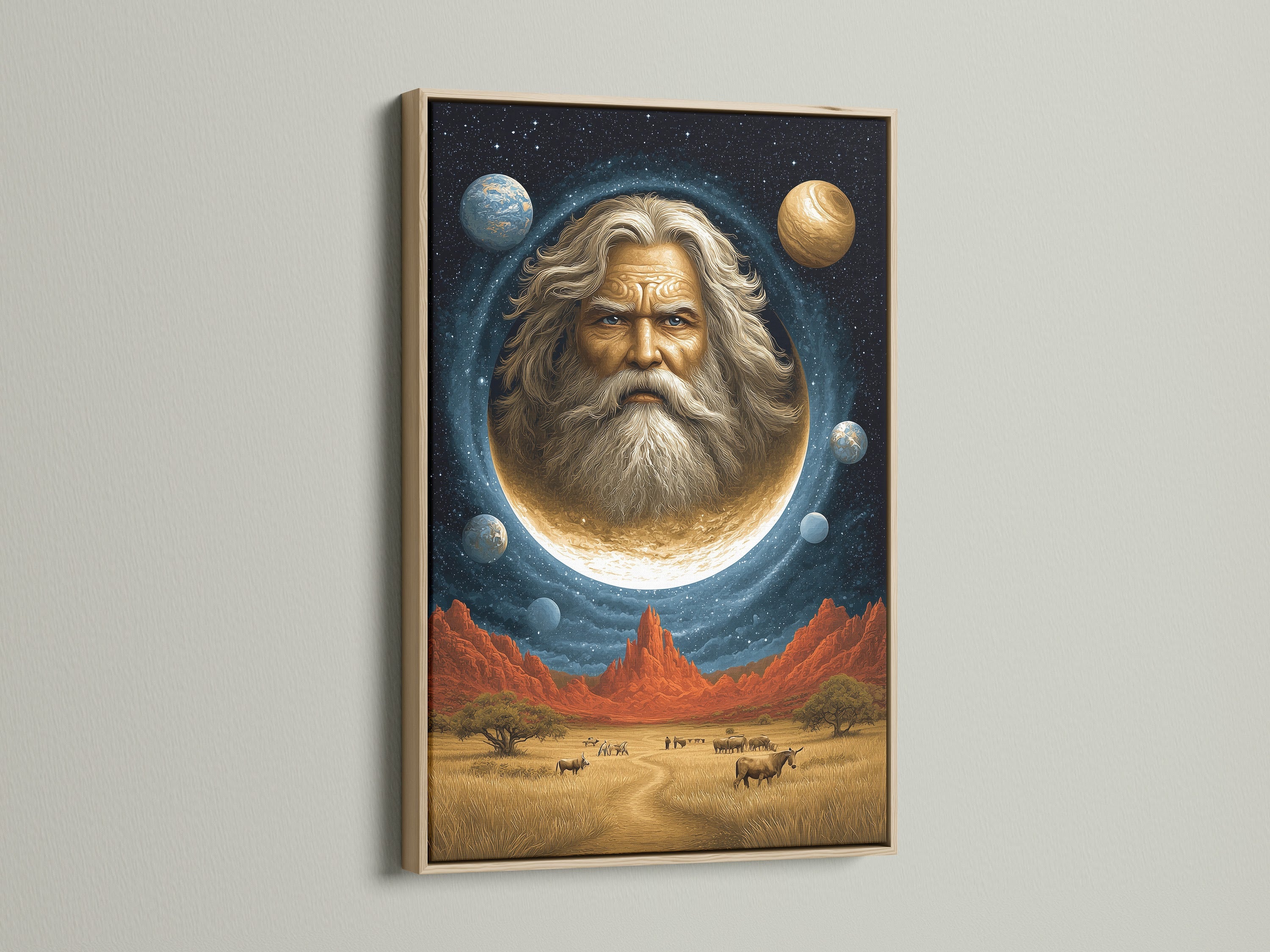 This surreal space canvas print features a celestial man on the moon. The artwork blends Southwestern style. Beige and blue hues complement any space. Shown here with an oak frame. It's perfect for adding cosmic wonder to Living Rooms Offices Meditation Rooms studios lobbies and wellness centers.