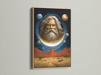 This surreal space canvas print features a celestial man on the moon. The artwork blends Southwestern style. Beige and blue hues complement any space. Shown here with an oak frame. It's perfect for adding cosmic wonder to Living Rooms Offices Meditation Rooms studios lobbies and wellness centers.