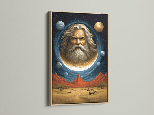 This surreal space canvas print features a celestial man on the moon. The artwork blends Southwestern style. Beige and blue hues complement any space. Shown here with an oak frame. It's perfect for adding cosmic wonder to Living Rooms Offices Meditation Rooms studios lobbies and wellness centers.