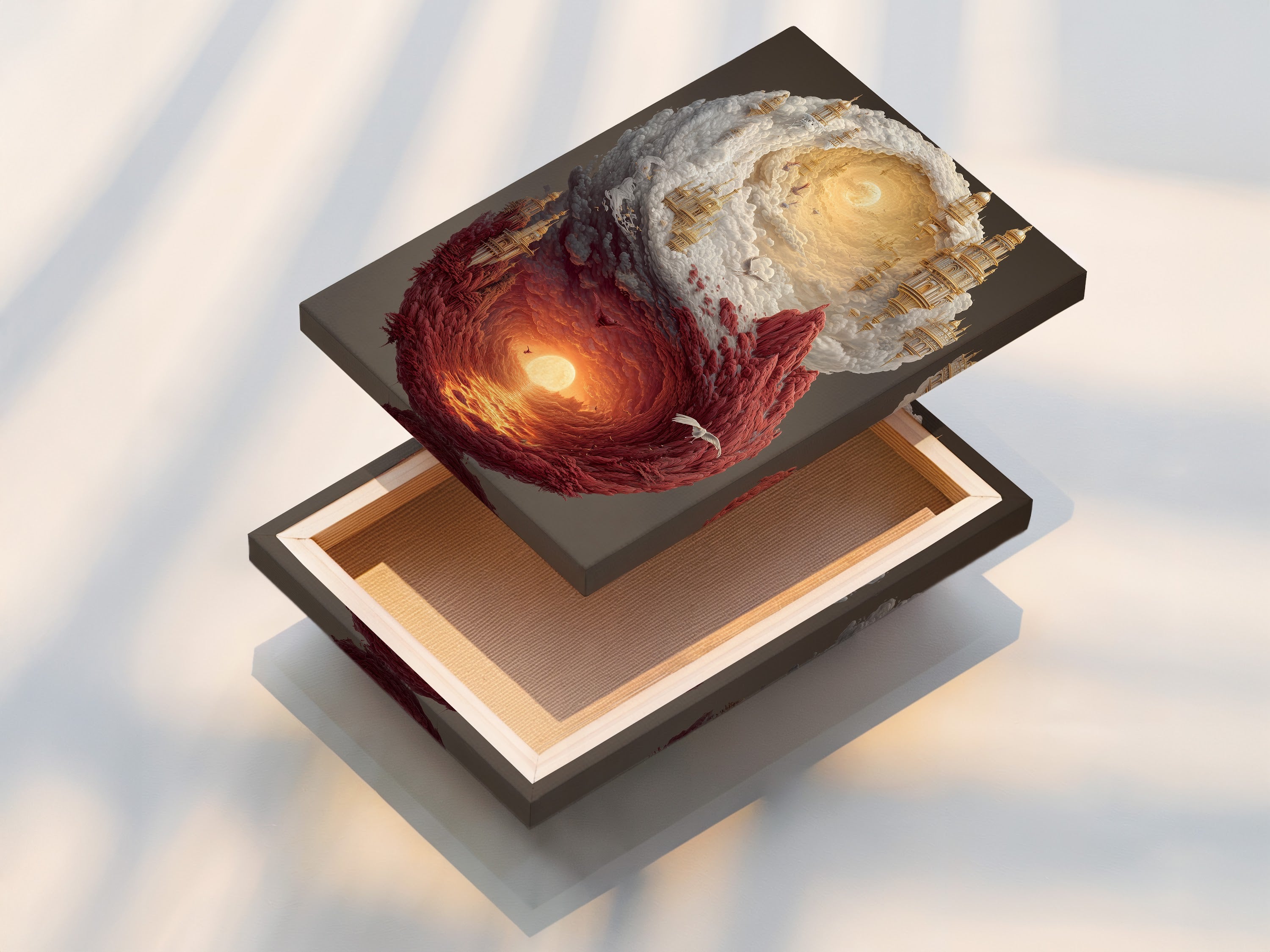 Close-up of a stretched canvas print. The artwork has great detail and texture. The canvas material enhances the artwork’s visual appeal. This stretching technique ensures a gallery-ready presentation. It is perfect for home or office display.