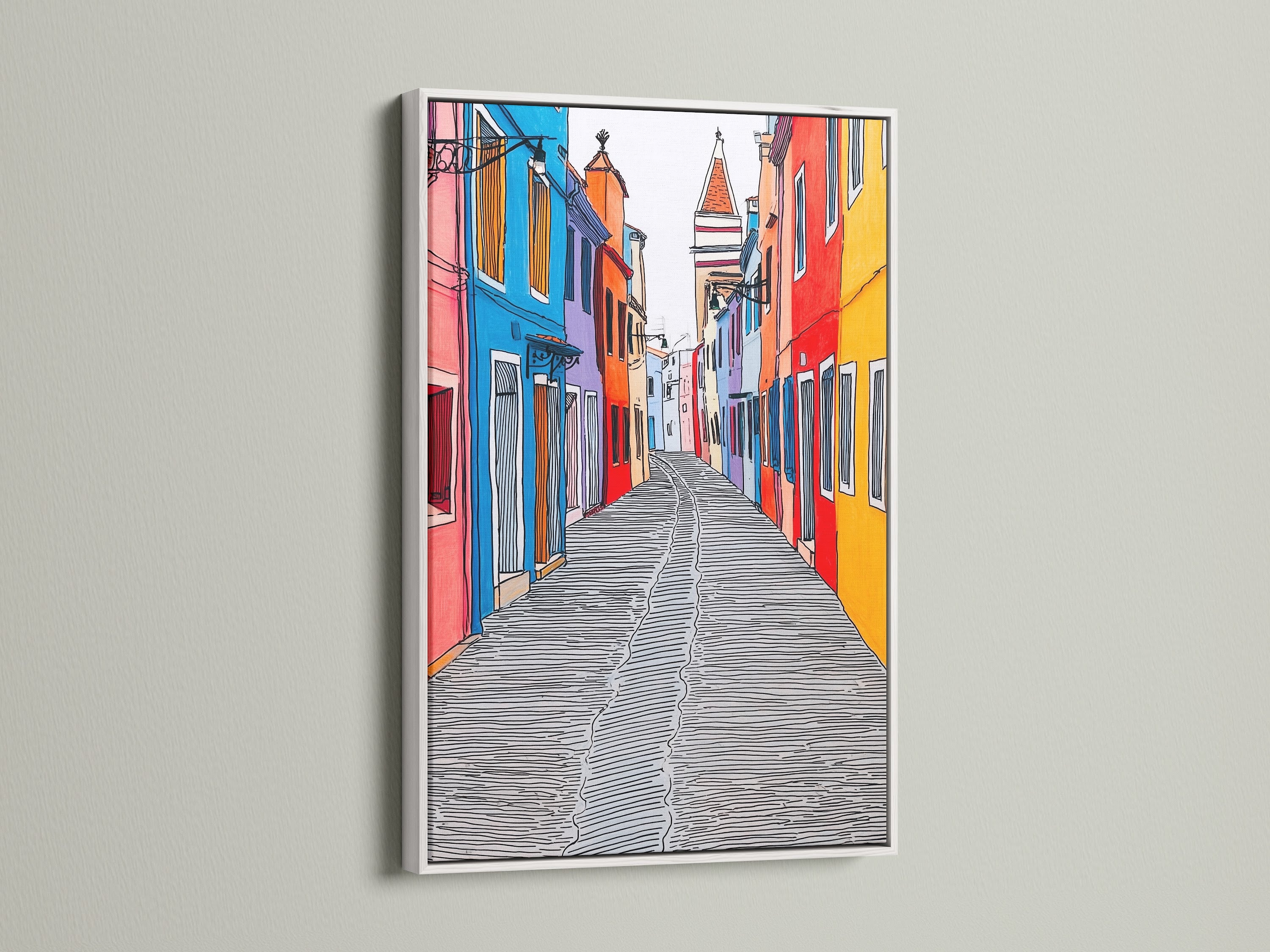 Burano Italy artwork in a sleek white frame. This European travel poster adds a modern touch to any room. The colorful buildings and architecture print make it a standout piece for office wall decor.