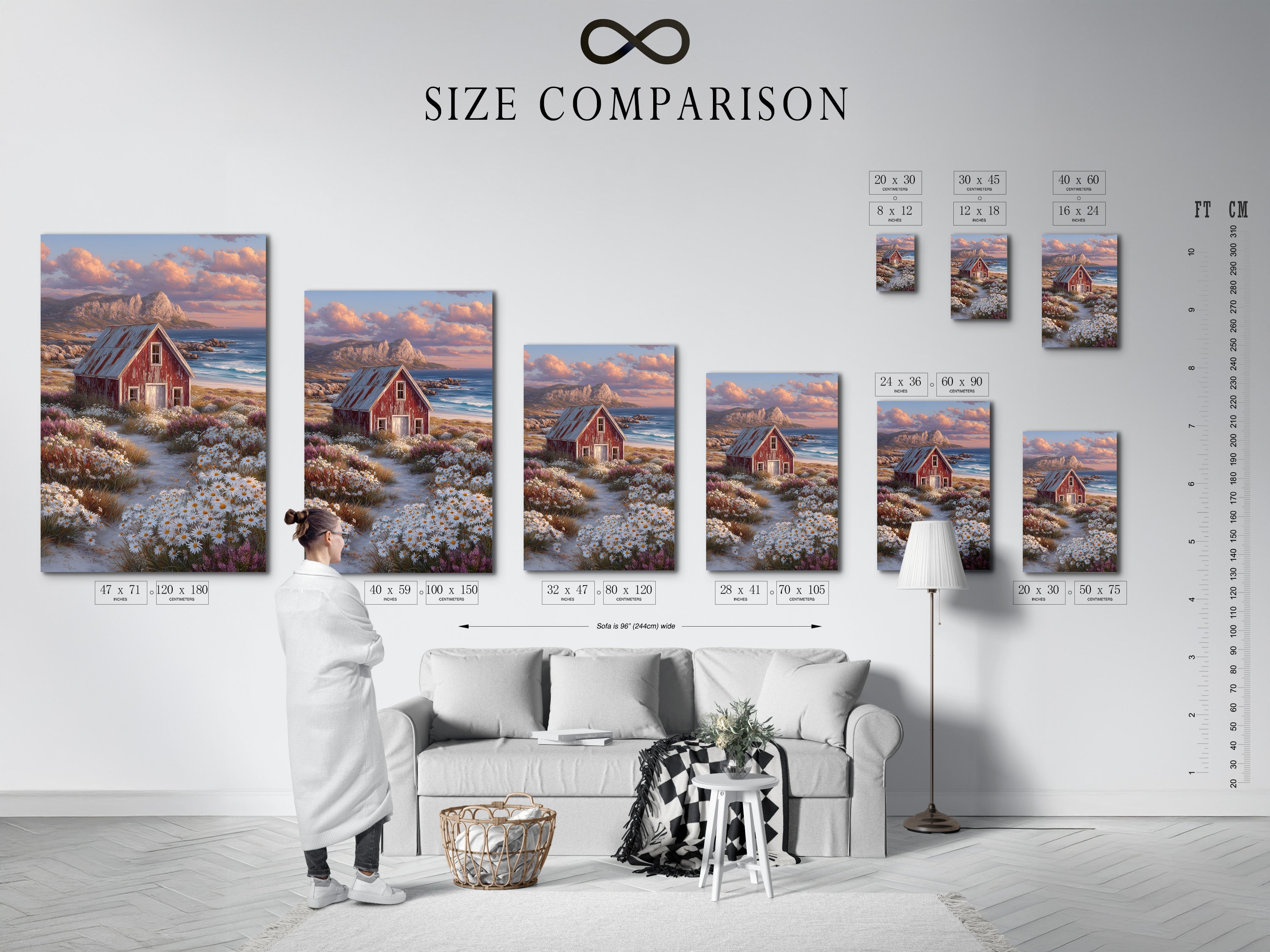 A size comparison chart displayed in an interior setting. It shows various sizes of coastal cottage artwork. The sizes include stretched canvas prints. Also fine art poster paper and floating frame options.