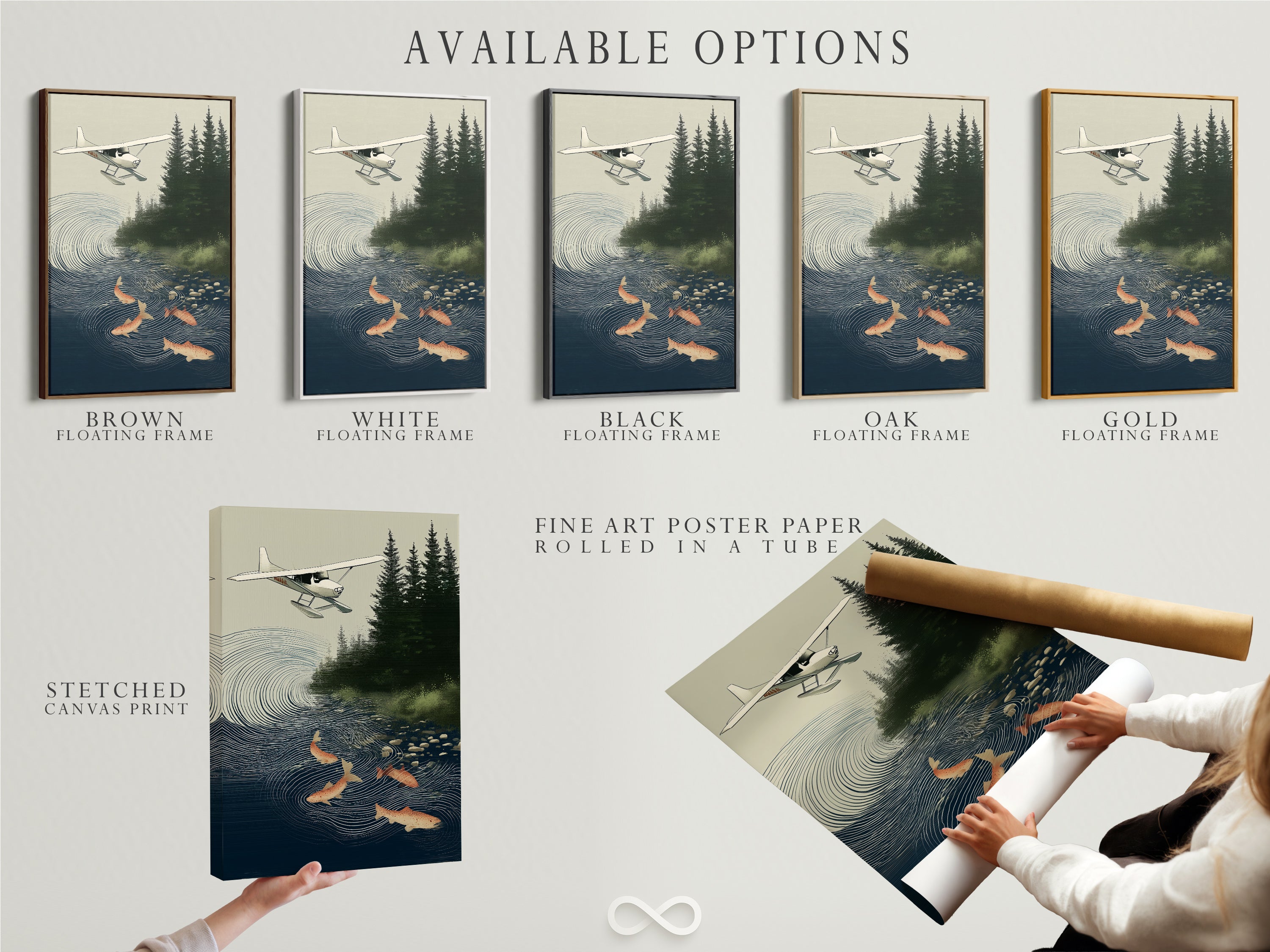 Available options for the Seaplane & Salmon artwork are showcased. Choose from a stretched canvas print. Select fine art poster paper or a floating frame. This vintage-style art is perfect for cabin decor and rustic wall decor.